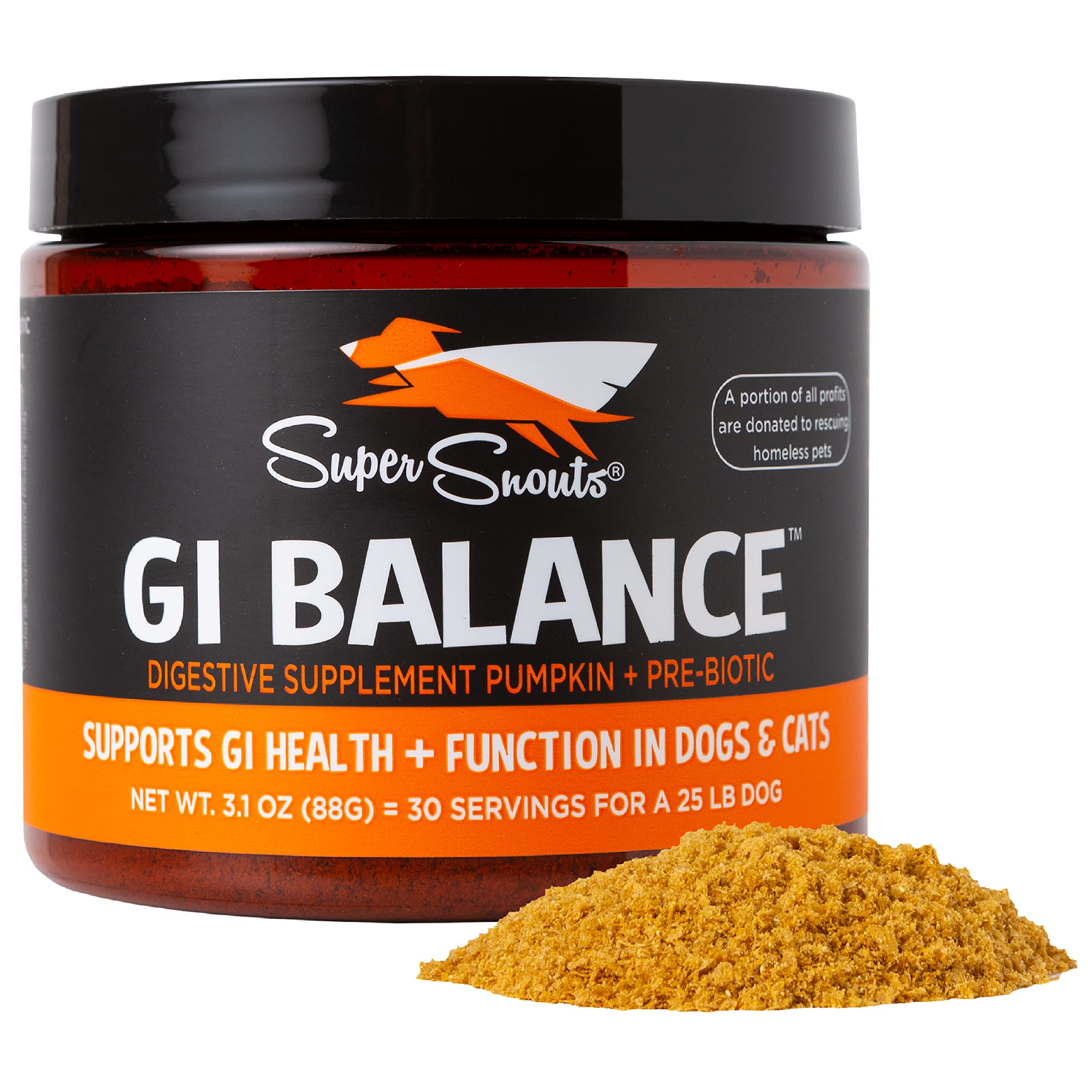 Super Snouts GI Balance Digestive Supplement for Dogs & Cats, 3.1 oz Pumpkin Powder for Dogs & Prebiotic Gut Health, Immune Supp