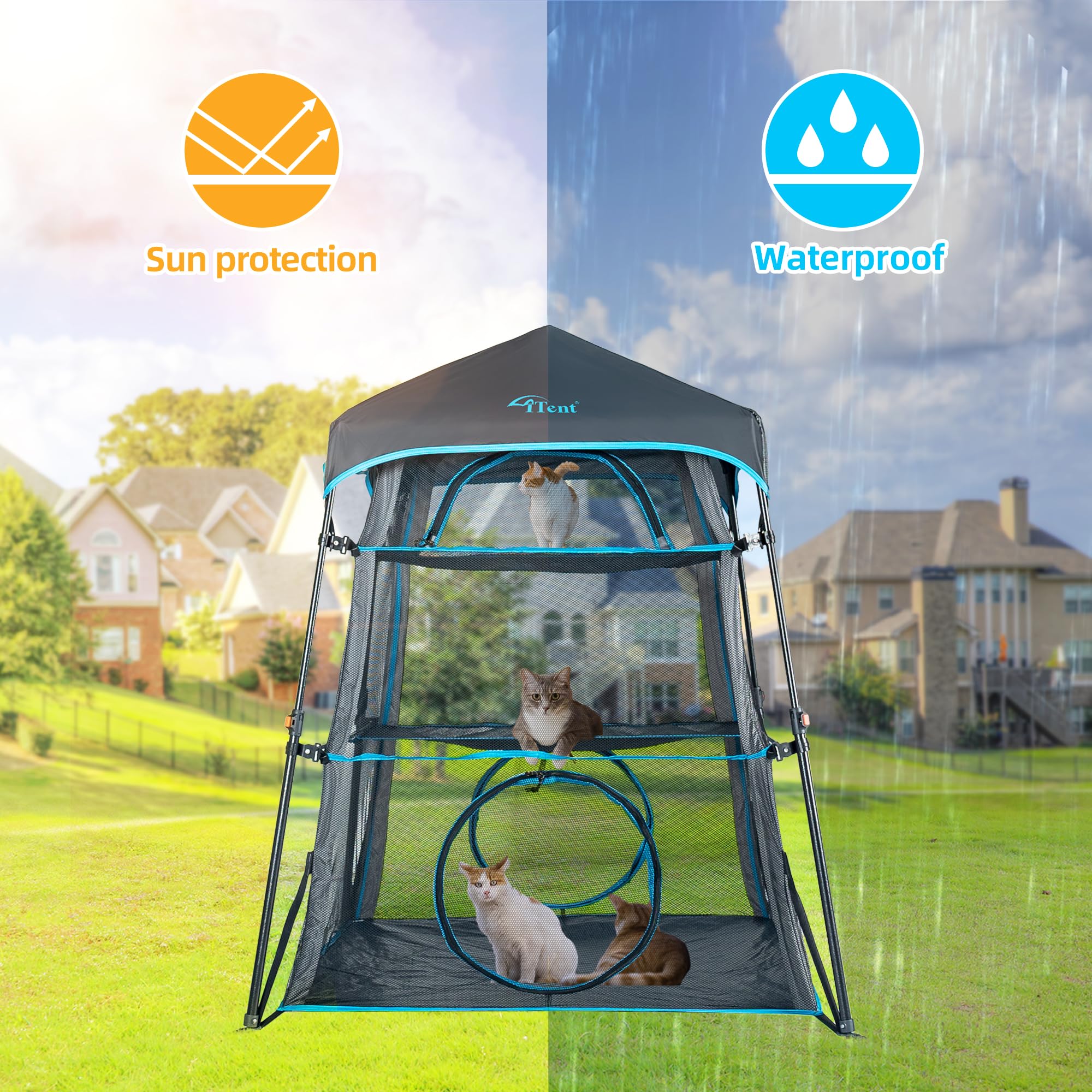 Itent X-Large Triple Catio Outdoor Cat Enclosure,Pop Up Cat Tent Outdoor Weatherproof & Sunproof With Waterproof Floor, Foladabl