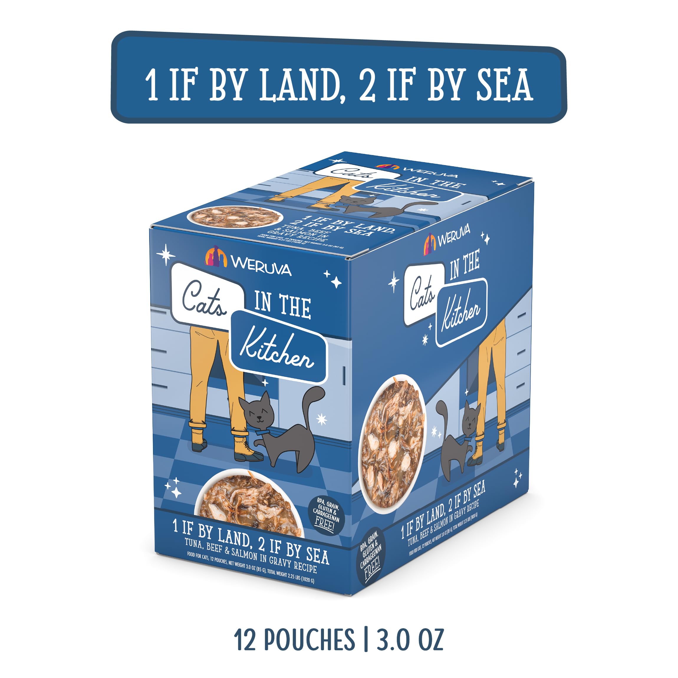 Weruva Cats in The Kitchen, 1 if by Land, 2 if by Sea with Tuna, Beef & Salmon in Gravy Cat Food, 3oz Pouch (Pack of 12)