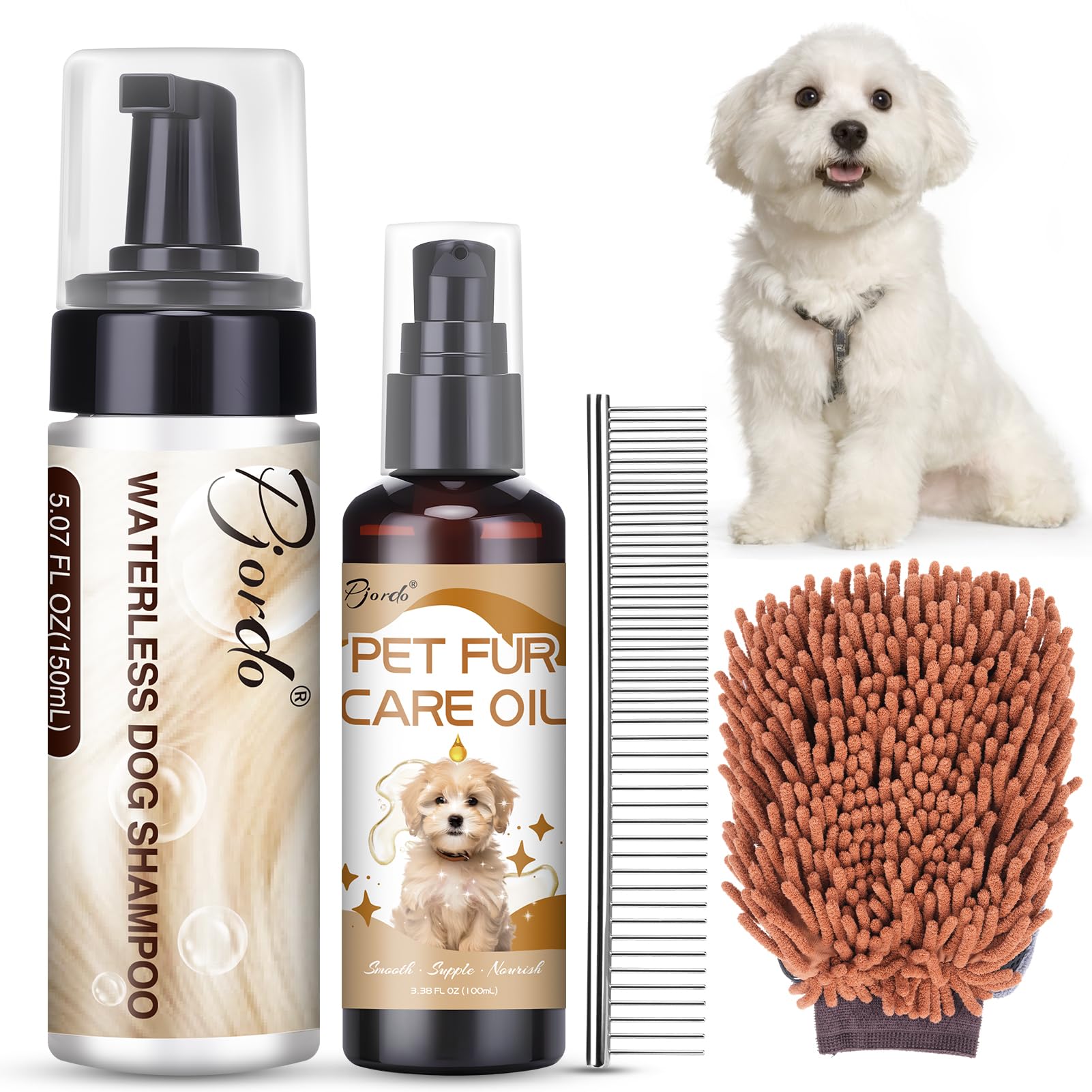 Pjordo Waterless Dog Shampoo No Rinse Foam, Dog Dry Shampoo, With Pet Fur Care Oil, Pet Sensitive Glove & Stainless Steel Pets G