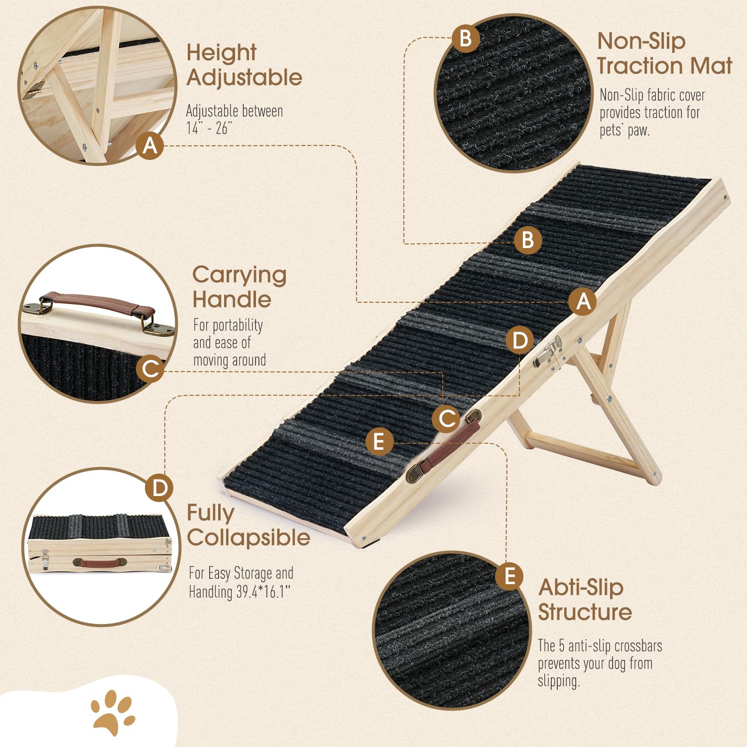 Dog Ramps For Couch - Small To Medium Dogs And Cats Use - Non-Slip, Sturdy Build Foldable Ramp - Wooden Portable Dog Ramp Perfec