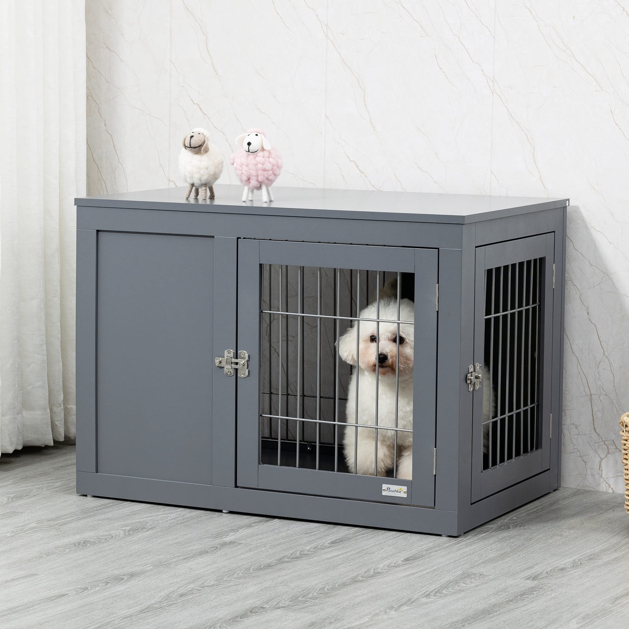 Pawhut Furniture Style Dog Crate For Small And Medium Dogs, End Table Pet Cage With Two Lockable Doors - Grey