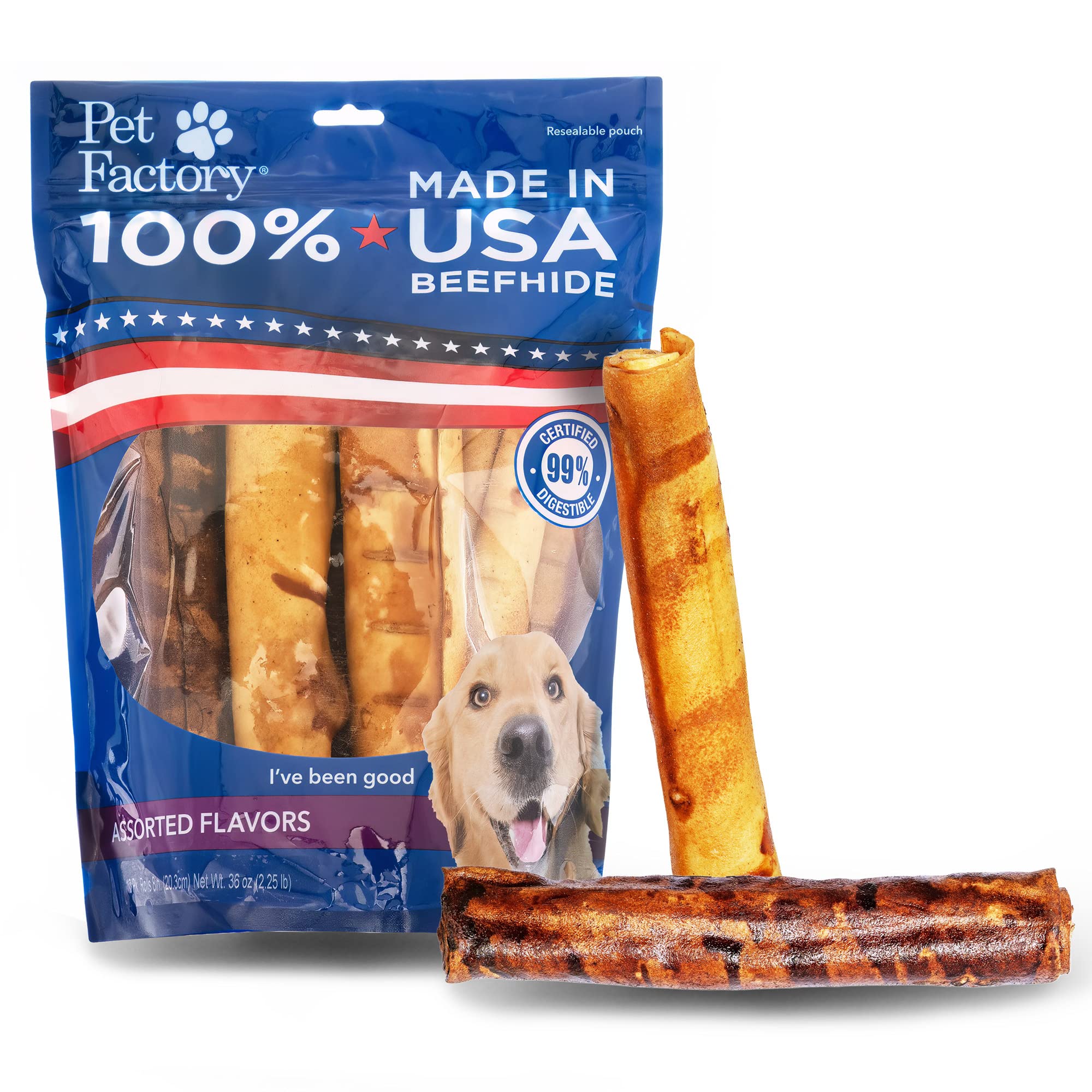 Pet Factory 100% Made in USA Beefhide 8 Rolls Dog Chew Treats - Beef & Chicken Flavor, 10 Count/1 Pack