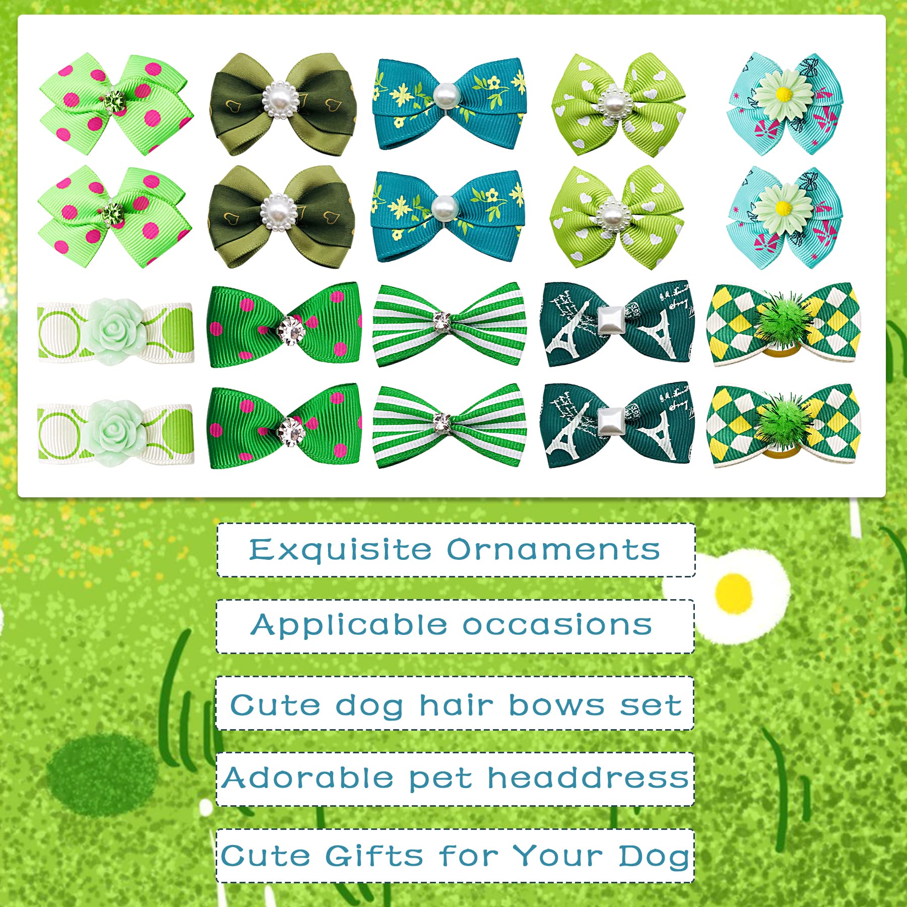 Jpgdn 30Pcs/15Pairs Green Dog Hair Bows With Rubber Bands Puppy Hair Bowknot Top Knot Elastic For Girl Female Doggy Cat Rabbit P