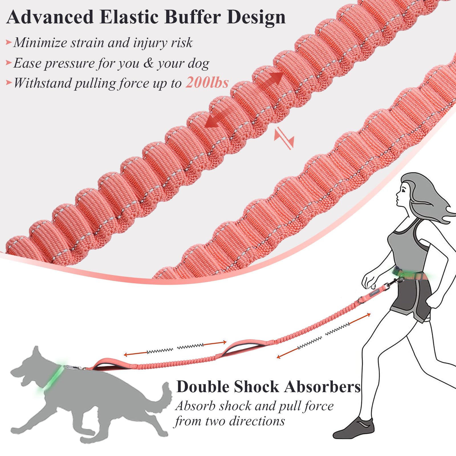 Vivaglory Hands Free Dog Running Leash With Dual Advanced Anti-Shock Bungees And Padded Handles, Reflective Waist Jogging Leash With Adjustable Belt For Training For Medium Large Dogs, Pink/Grey