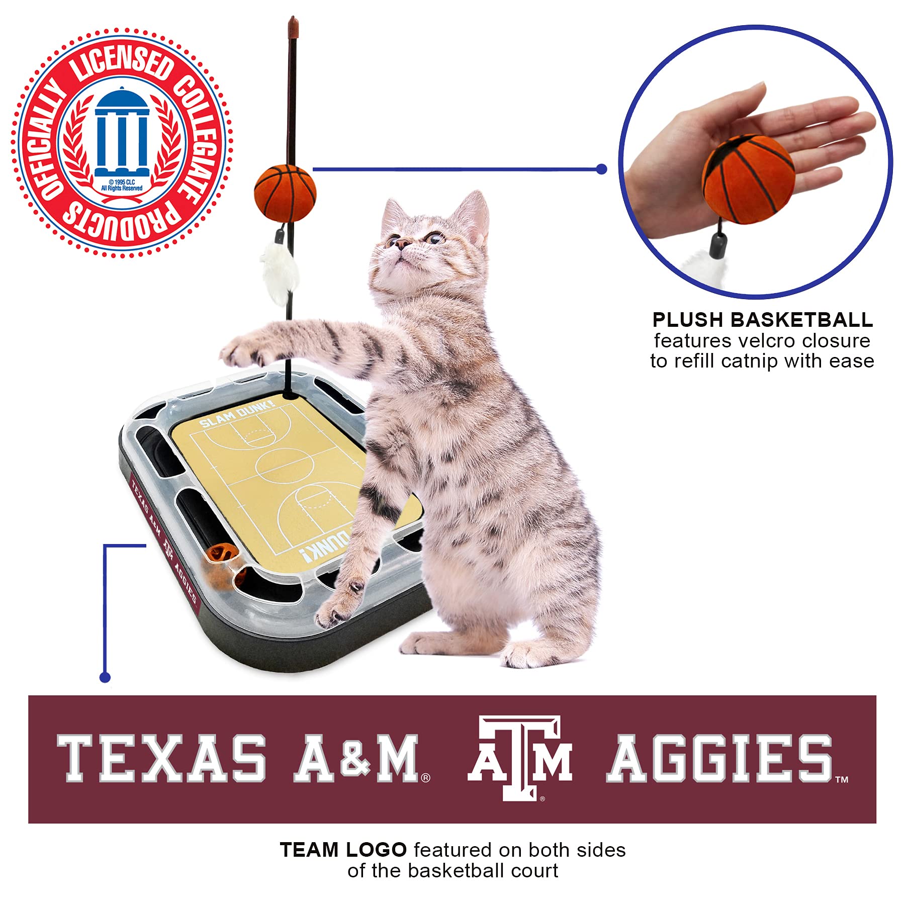 Aggies Reversible Basketball Court Cat Scratcher With Interactive Cat Ball - 6-In-1 Cat Toy Wand, Catnip Plush Basketball