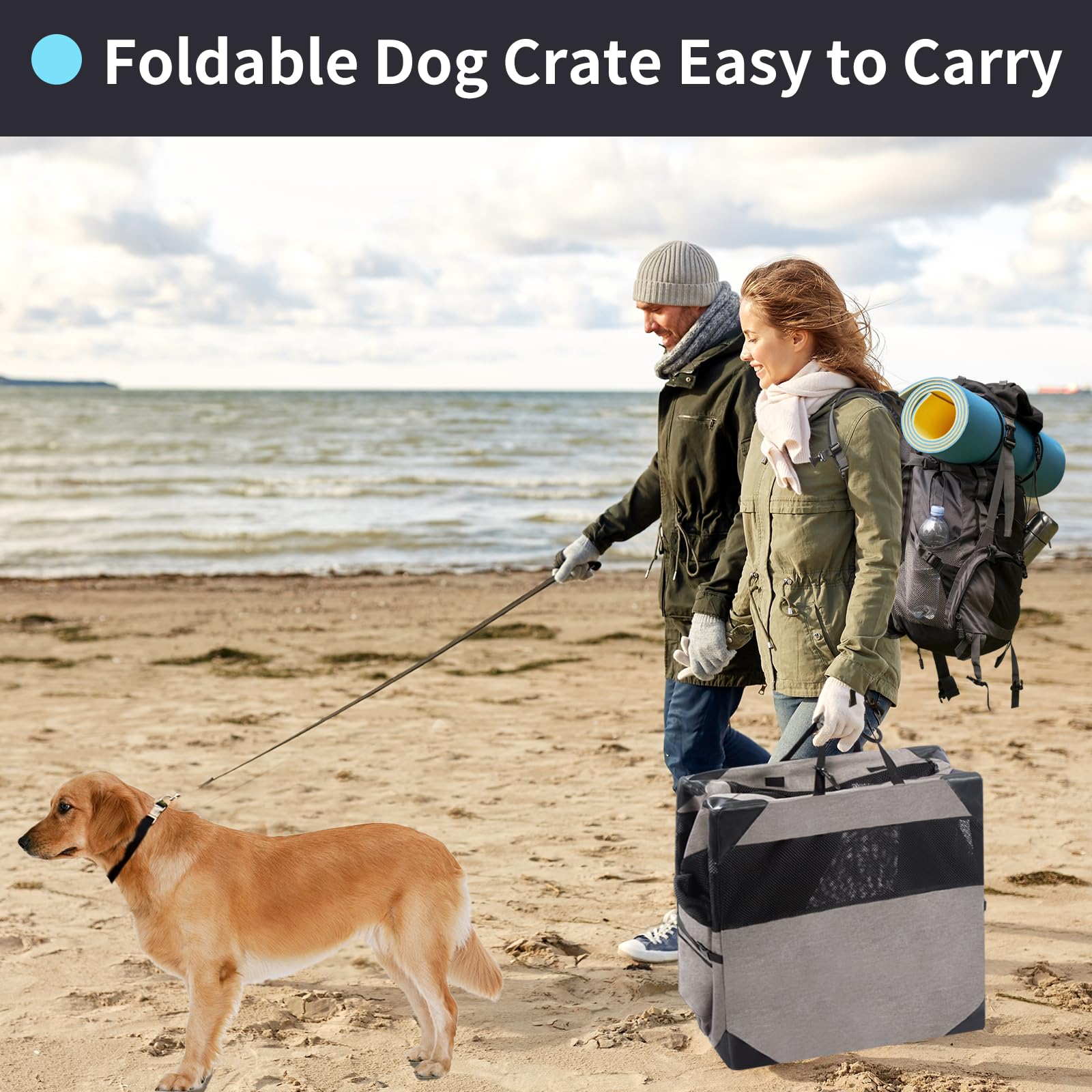 36 Inch Portable Travel Dog Crate, 3 Door Collapsible Soft Pet Kennel with Durable Mesh Windows for Medium Dogs, Foldable Dog Ca