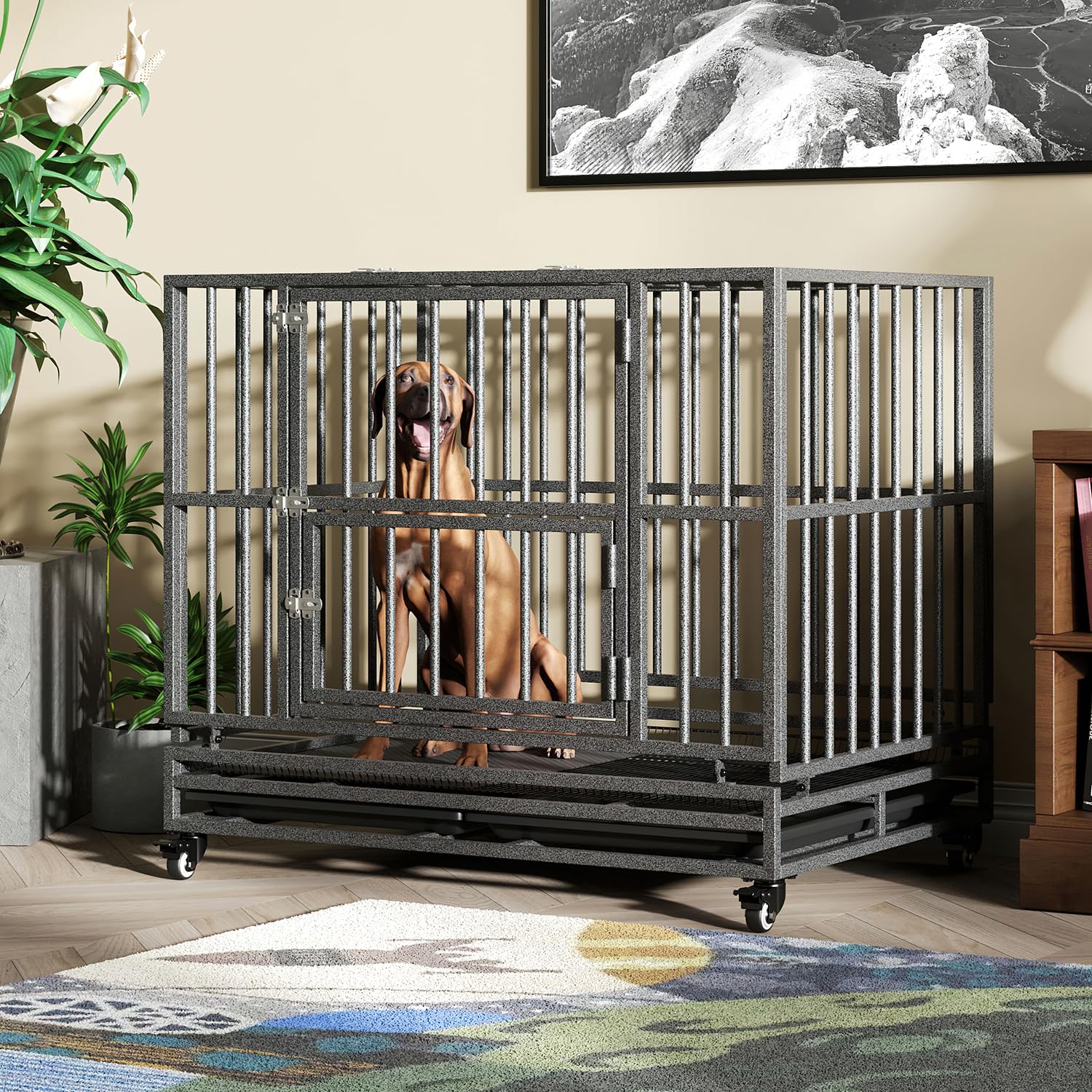 Luckyberry Heavy Duty Extra Large Dog Crate With Wheels - Indestructible 42/46 Inch Chew-Proof, Escape-Proof Kennel For High-Anx