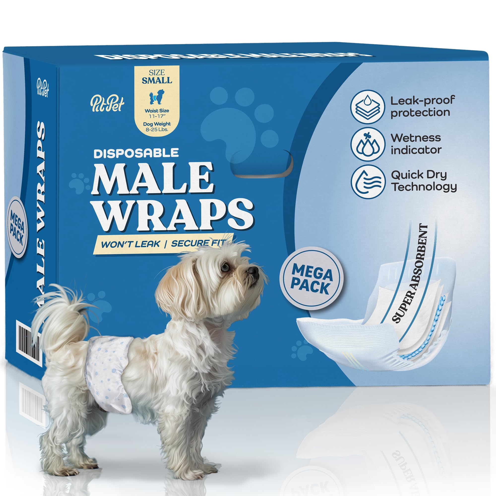 Comfortable Male Dog Diapers - 50-Pack Super Absorbent Disposable Male Dog Wraps- Flashdry Gel Technology, Wetness Indicator Dog