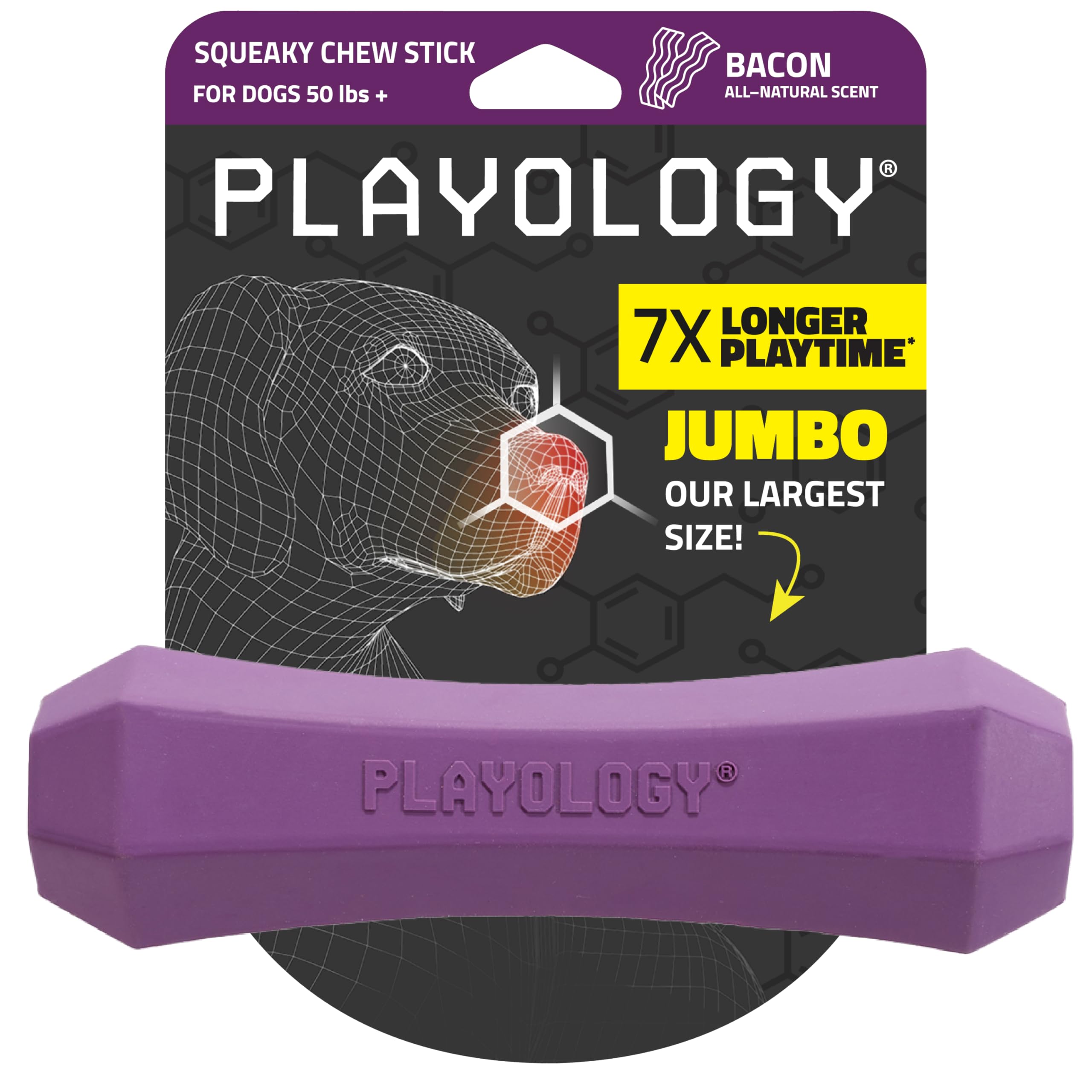 Playology Dog Toys | Durable Squeaky Chew Stick for Dogs | Jumbo Bacon Scented Toy - Easy to Clean and Made from Non Toxic Mater