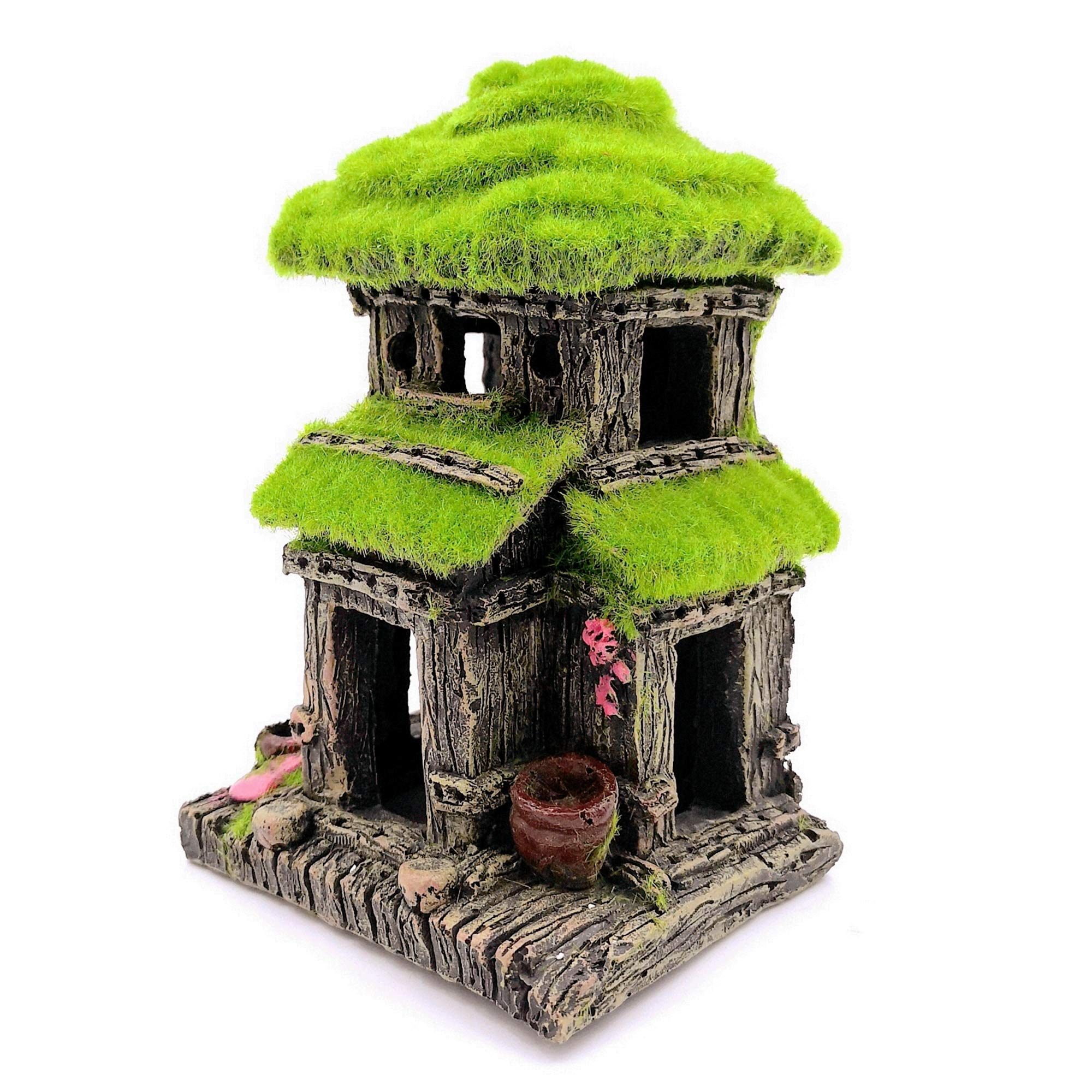 M2Cbridge Aquarium Decorations Fish Hideout House Betta Cave With Green Lifelike Moss (Style 3)