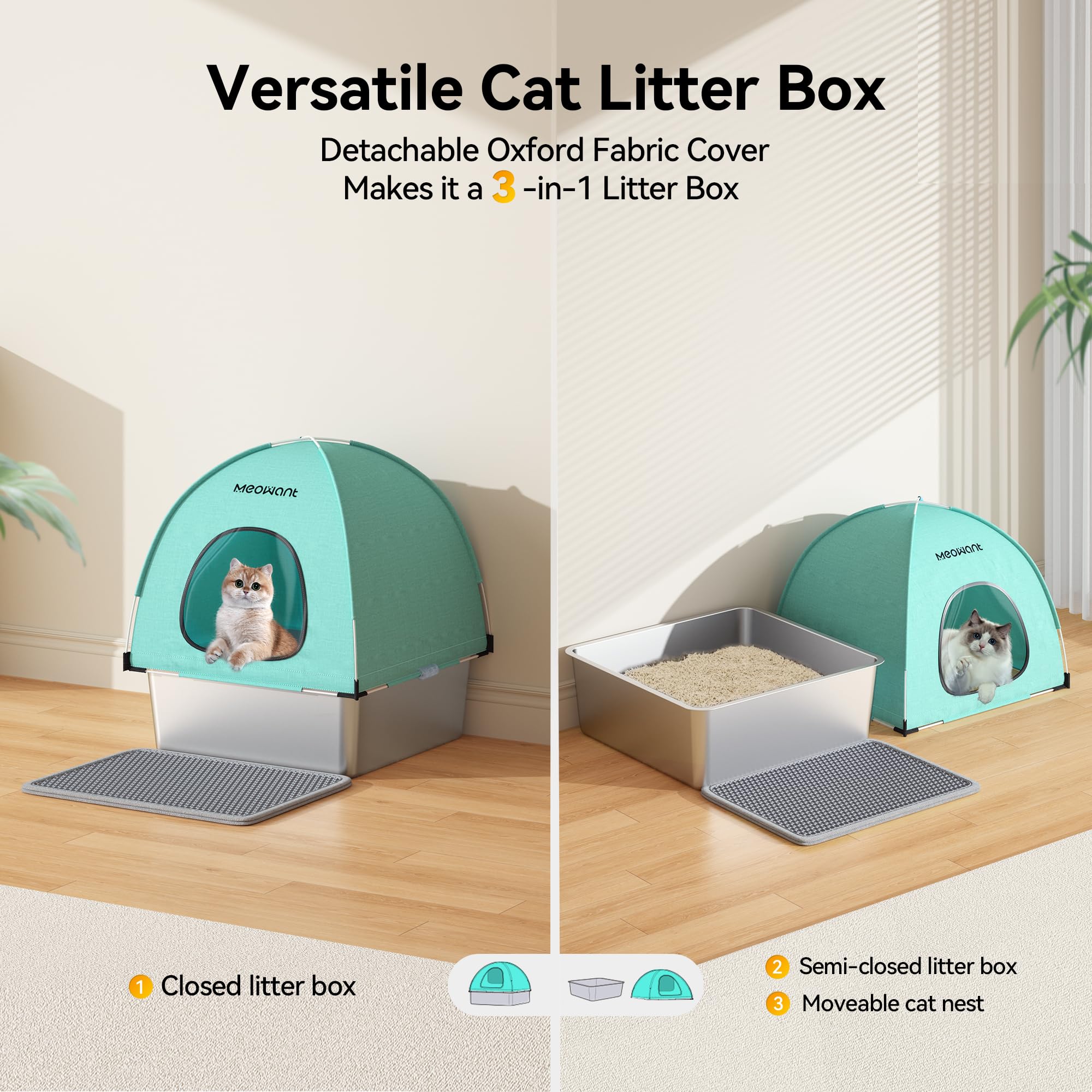 Meowant Stainless Steel Cat Litter Box with Lid, Extra Large Square 3-in-1 Enclosed Metal Litter Box with High-Sided Oxford Fabr