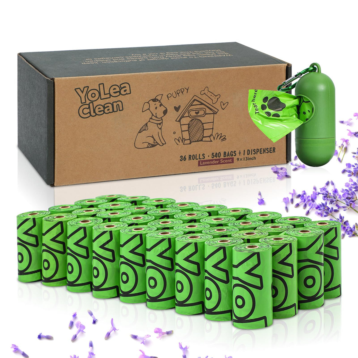 Yoleaclean Dog Poop Bags, Lavender Scented Poop Bags Rolls With Dispenser, Heavy Duty, Extra Thick, Leak Proof, Eco-Friendly Pet