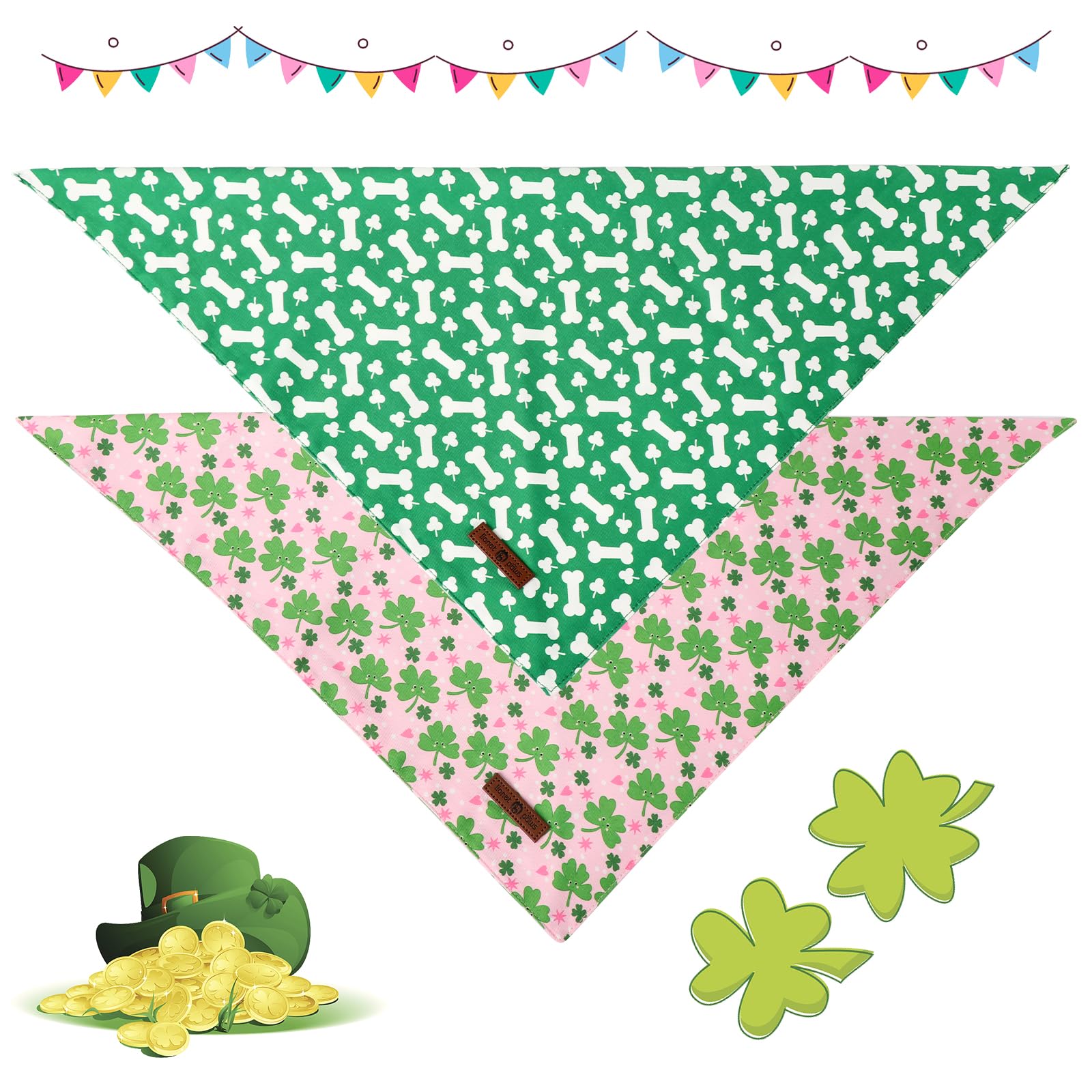Lionet Paws St. Patrick 2Pcs Dog Bandanas, Green Clover Dog Scarf Bib Premium Fabric, Happy St. Patrick Pink Bandanas For Small
