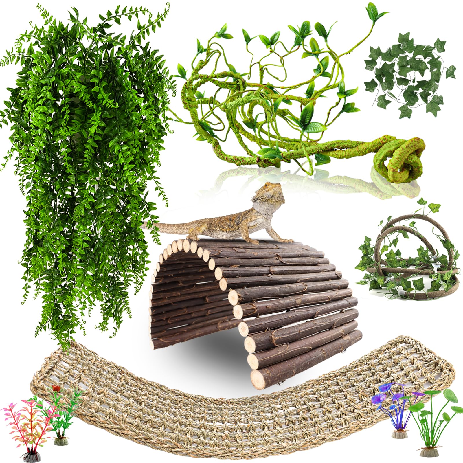 RUNANIA Bearded Dragon Tank Accessories, 10 PCS Reptile Hammock Plants Bridge Jungle Climber Vines for Snakes Bearded Dragon Cha