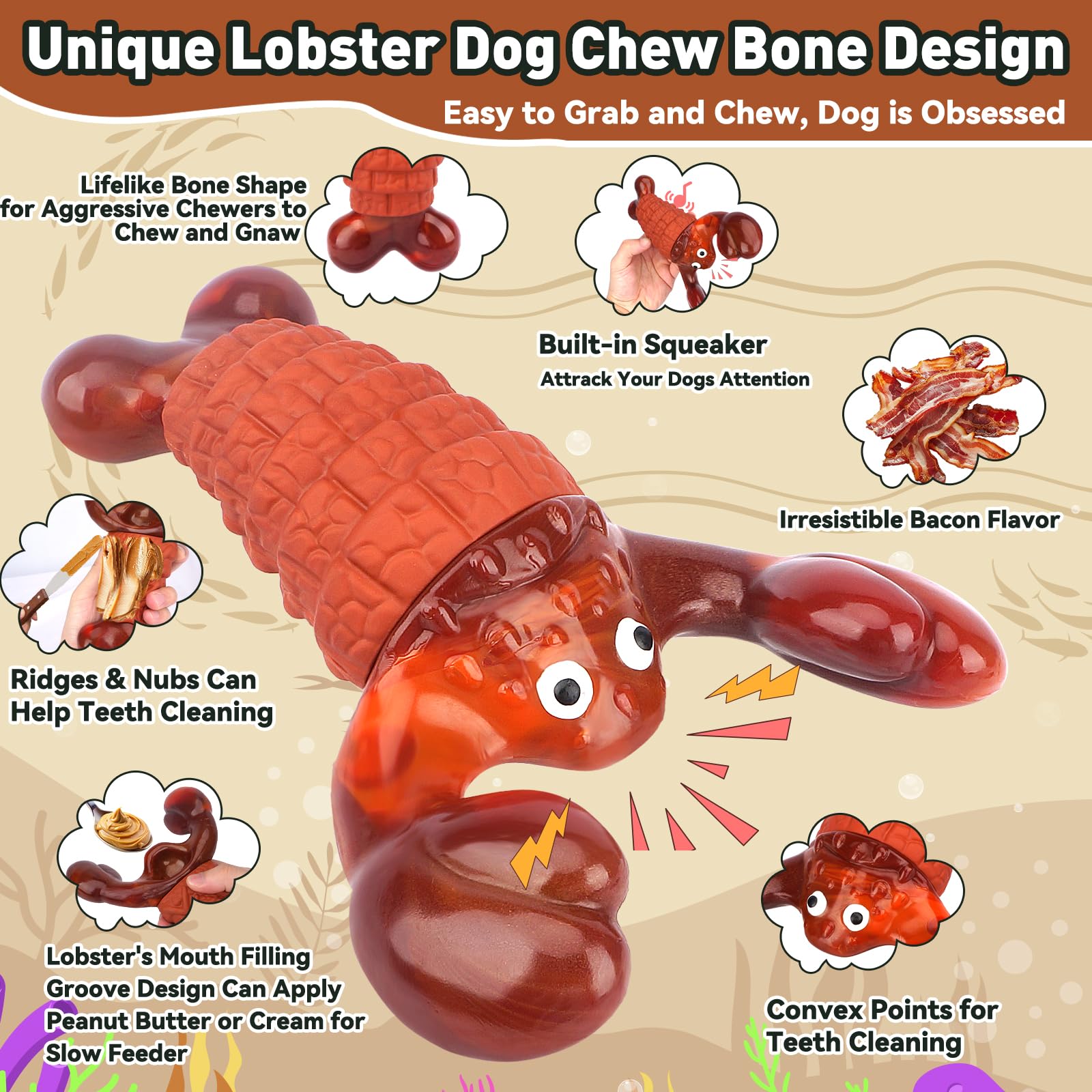 BIKIISEN Squeaky Dog Toy for Aggressive Chewers, Indestructible Interactive Chew Toy, 14cm, Red, Model DCT003US