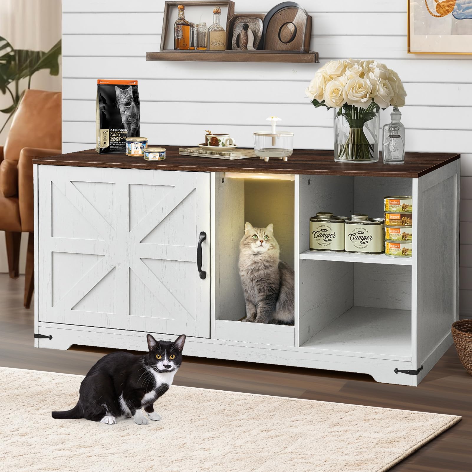 Janflyhome Cat Litter Box Enclosure, Hidden Litter Box Furniture Cabinet With Storage, Cardboard, Light, Wood Indoor Cat House W