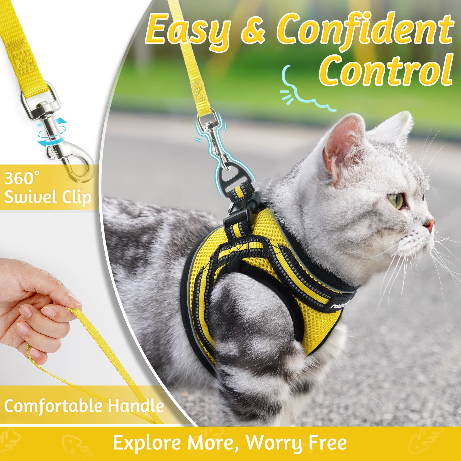 Rabbitgoo Cat Harness And Leash Set For Walking Escape Proof, Adjustable Soft Kittens Vest With Reflective Strip For Cats, Comfortable Outdoor Vest, Bright Yellow, M