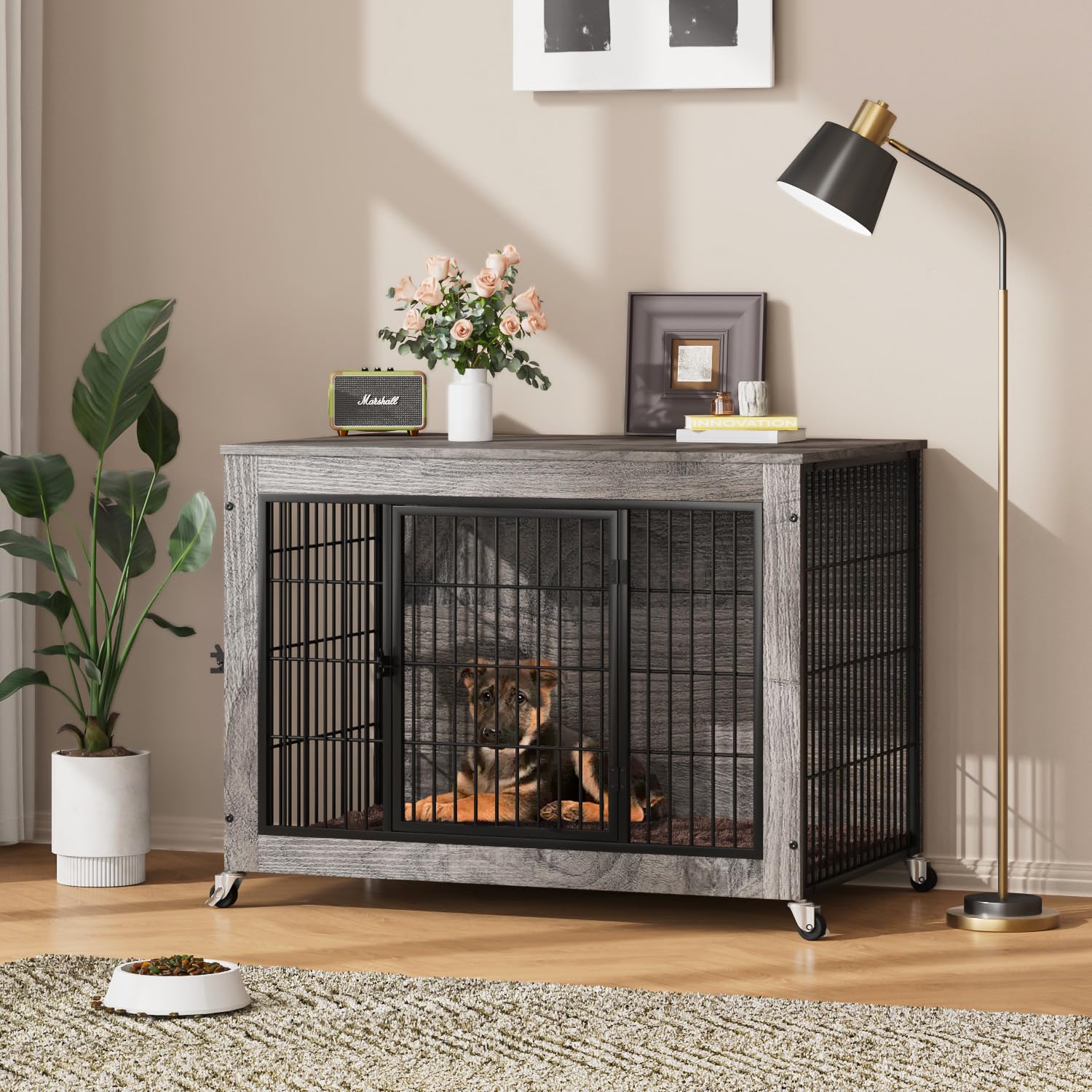 PRETZI 32 Dog Crate Furniture with Cushion,Dog Kennel Indoor for Small/Medium Dog,Wooden Pet House End Table with Durable Mesh,D