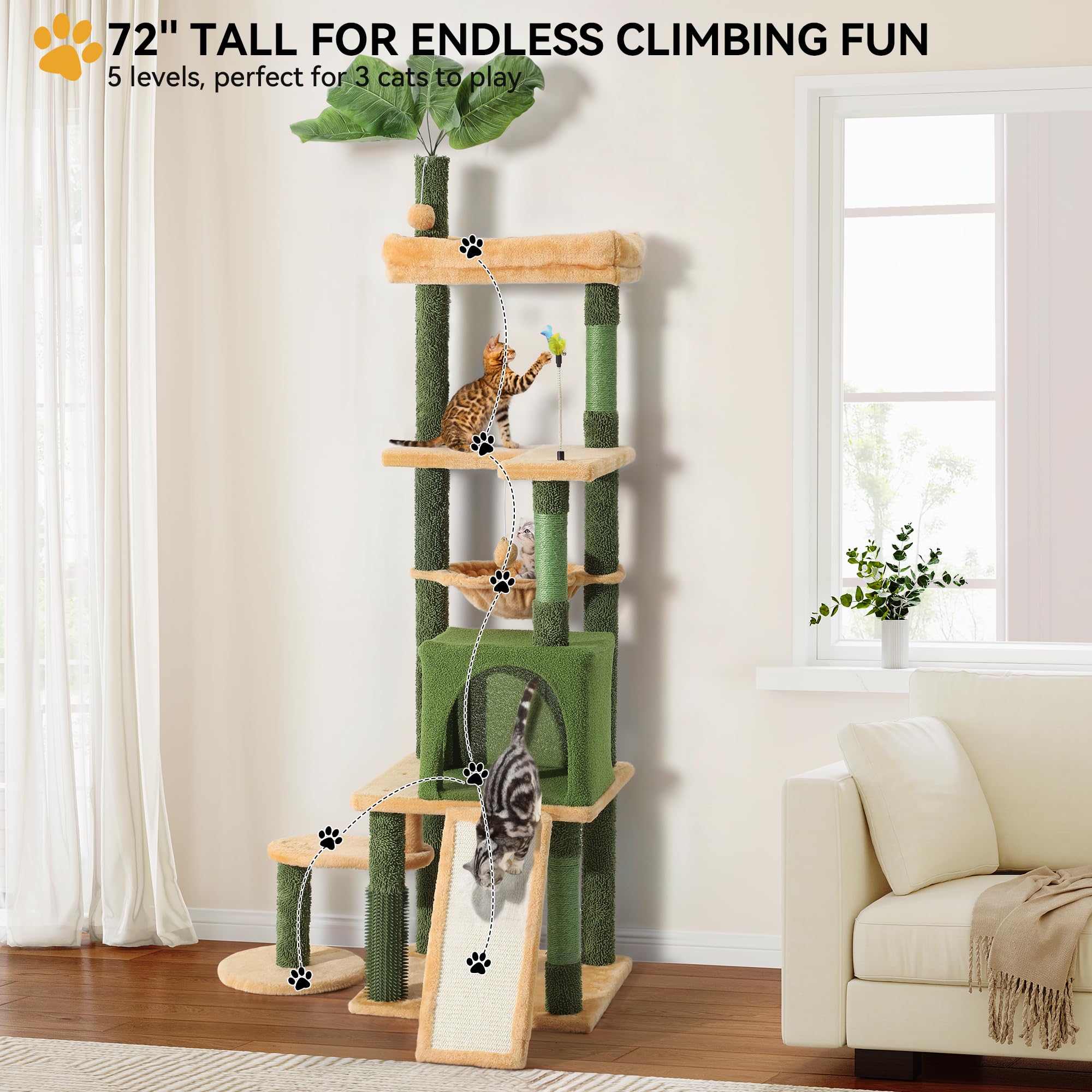 Yitahome Tall Cat Tree Tower With Leaves For Indoor Cats, 72.8In Cute Cat Climbing Tower With Self-Grooming Brush, Cat Condo, To