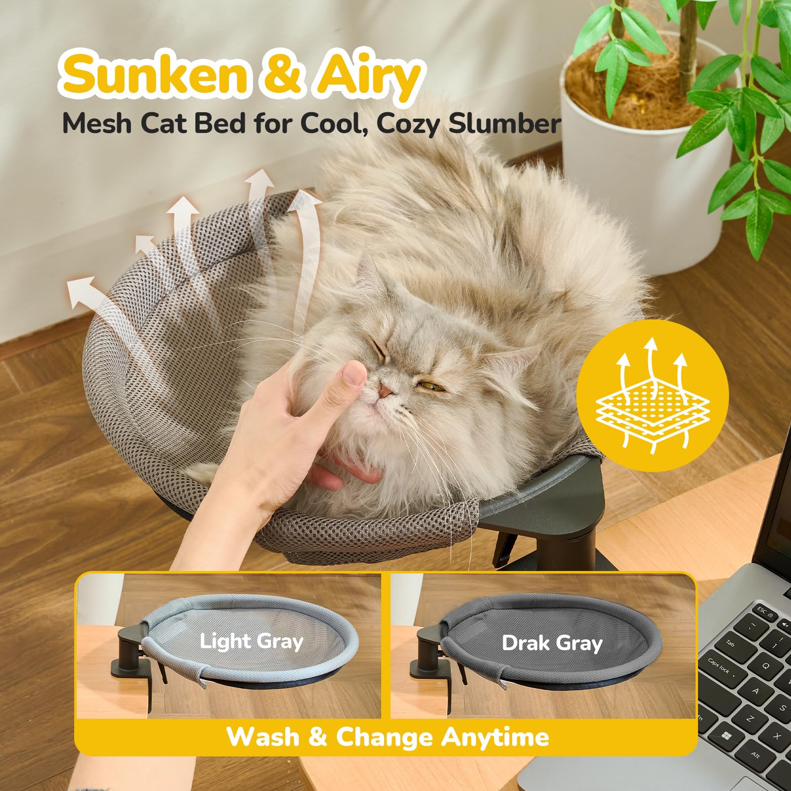 Cat Desk Bed - Desk Bed For Cats - 360 Rotation With 2 Different Washable Cat Bed Mat 14.96'' L X 14.17'' W, Pet Hammock Comfort