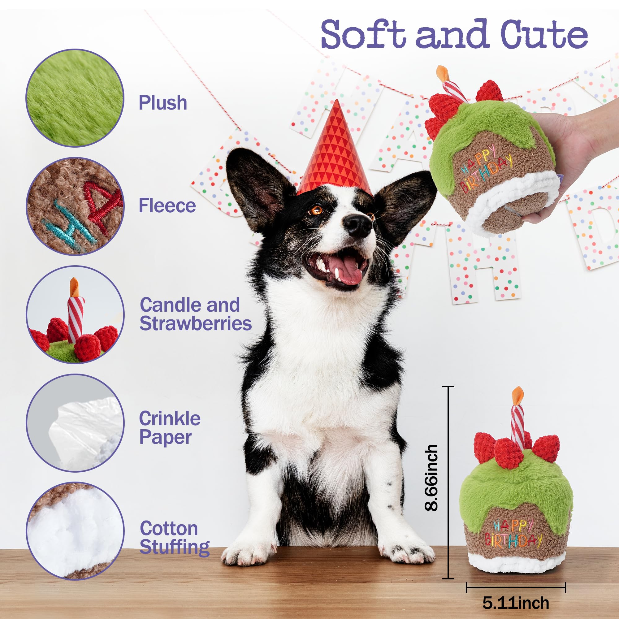 Fuzzwoof Dog Happy Birthday Cake Singing Toy with Crinkle, Stuffed Plush Puppy Present for Birthday Party, Dog Toy for Small Med
