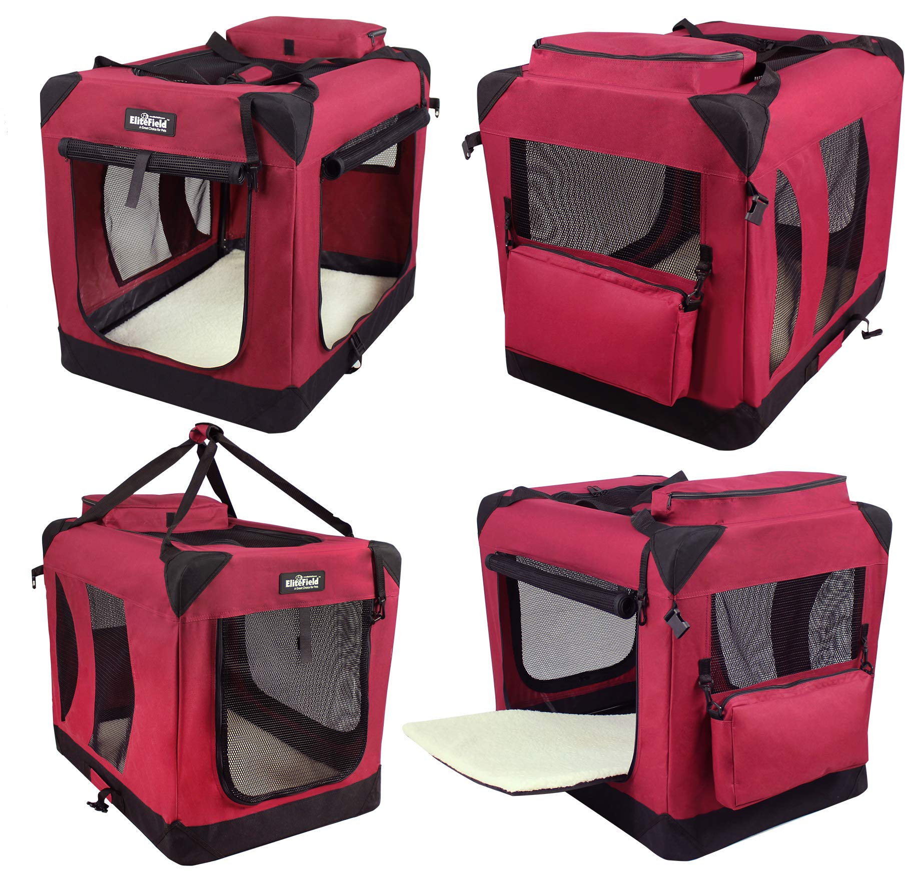 Elitefield 3-Door Folding Soft Dog Crate With Carrying Bag And Fleece Bed (2 Year Warranty), Indoor & Outdoor Pet Home (36' L X 24' W X 28' H, Maroon)