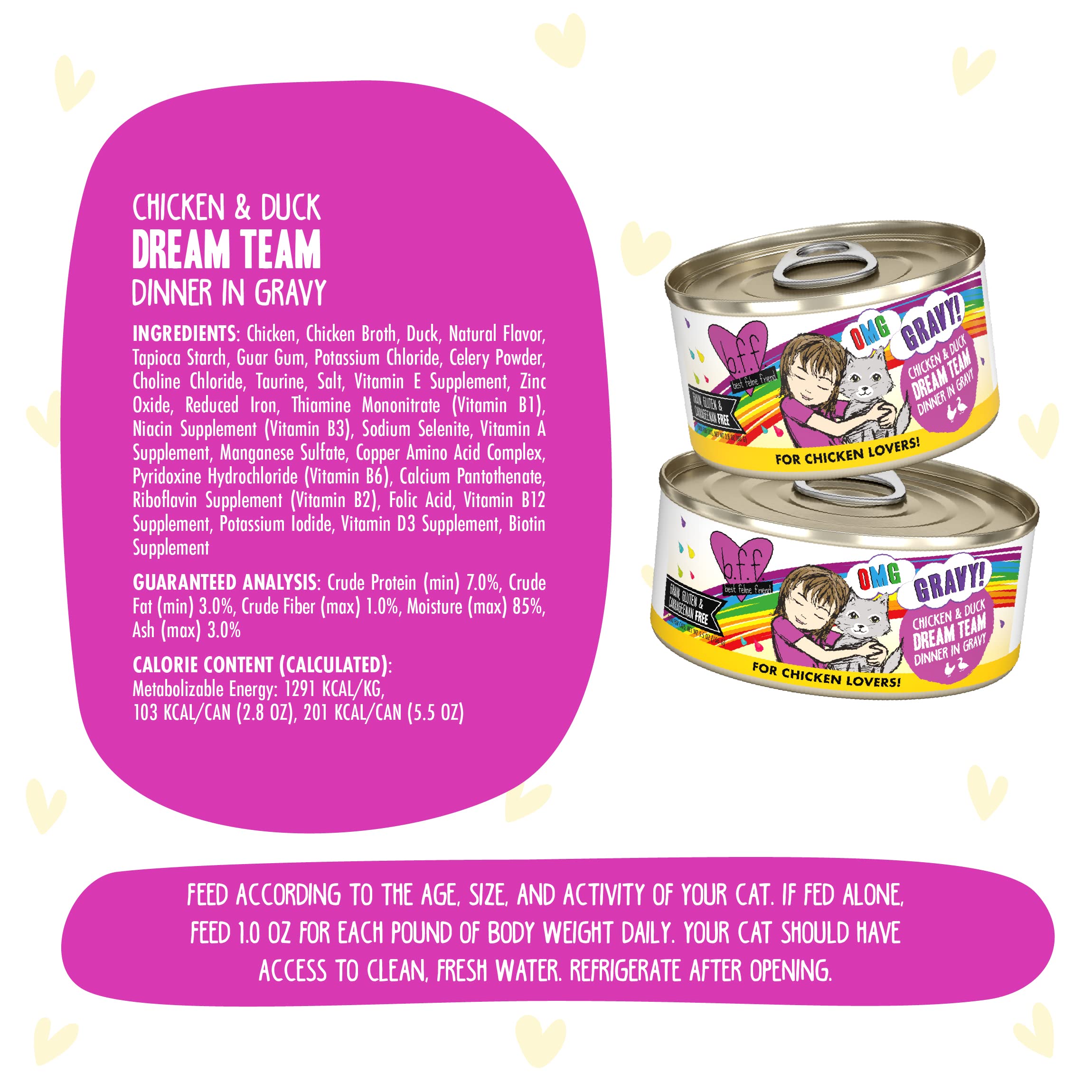 Weruva B.F.F. OMG - Best Feline Friend Oh My Gravy!, Chicken & Duck Dream Team with Chicken & Duck in Gravy, 2.8oz Can (Pack of