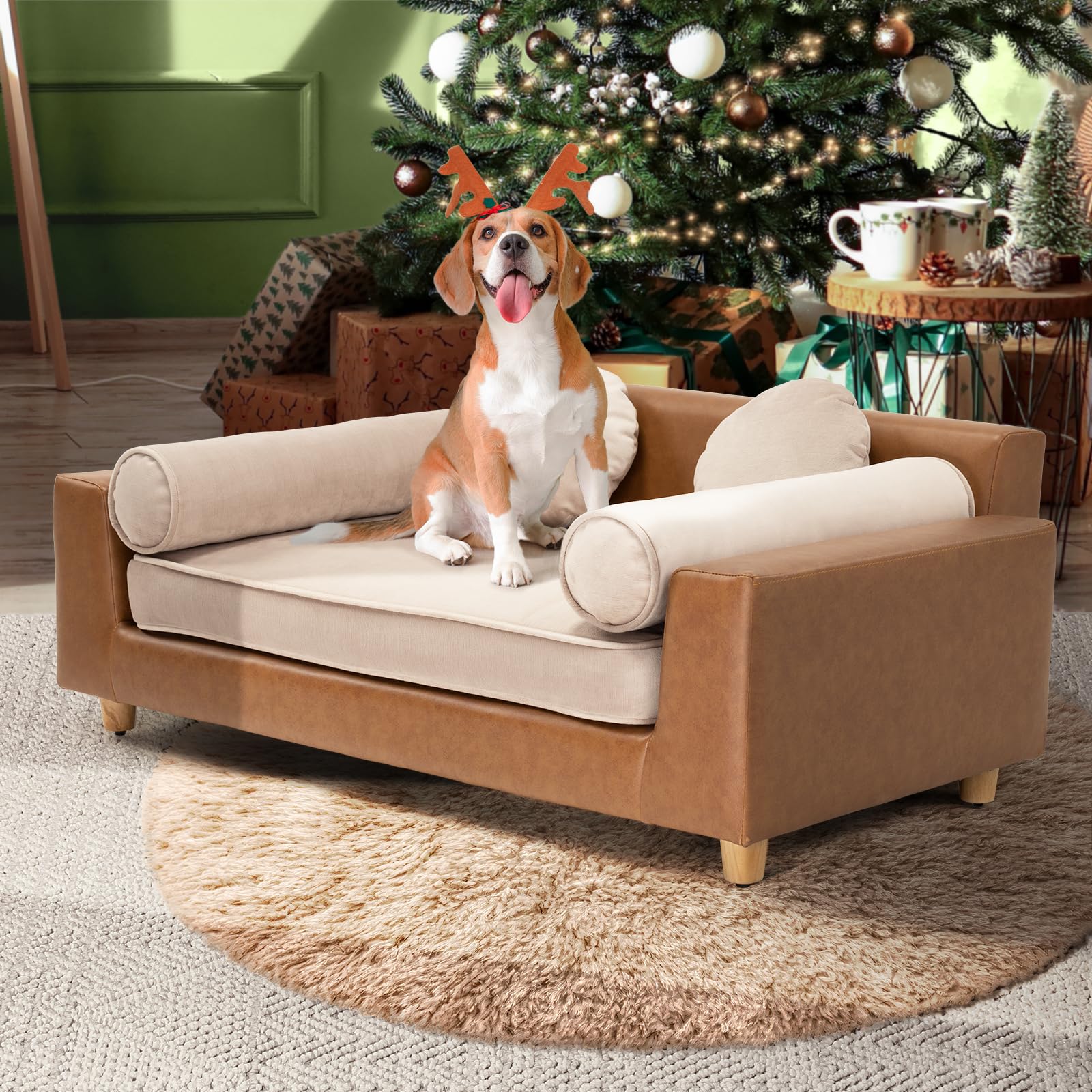 Dcee Luxury Dog Sofa Bed, Luxury 42'' Leather Pet Couch For Large Dogs, Washable Velvet Cushion, Sturdy Wooden Frame, Anti-Slip 