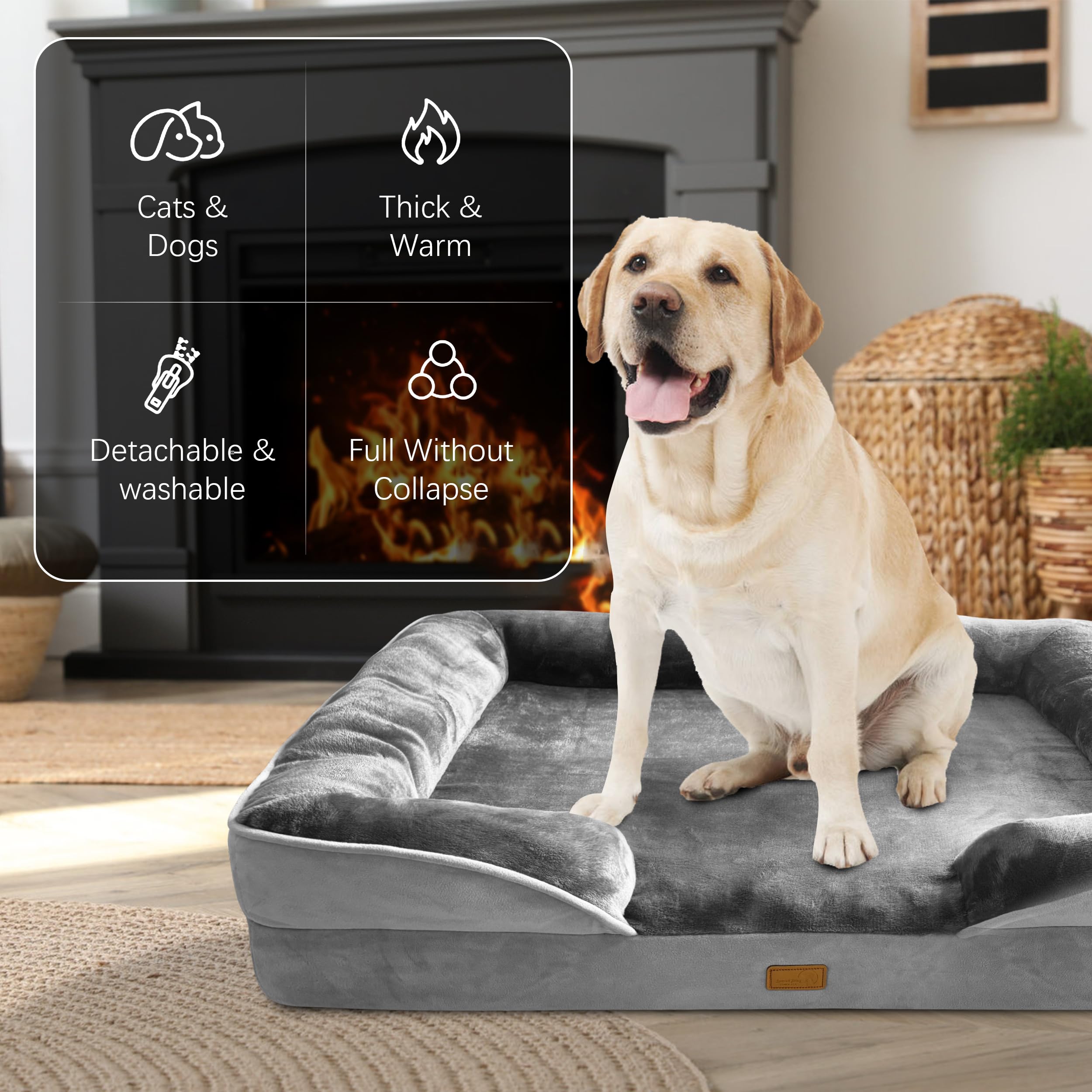 Spotted Play Orthopedic Dog Sofa Bed - Extra Large, Grey, Supportive Foam, Washable Cover, Non-Slip Bottom, 42"L x 32"W x 6.5"Th