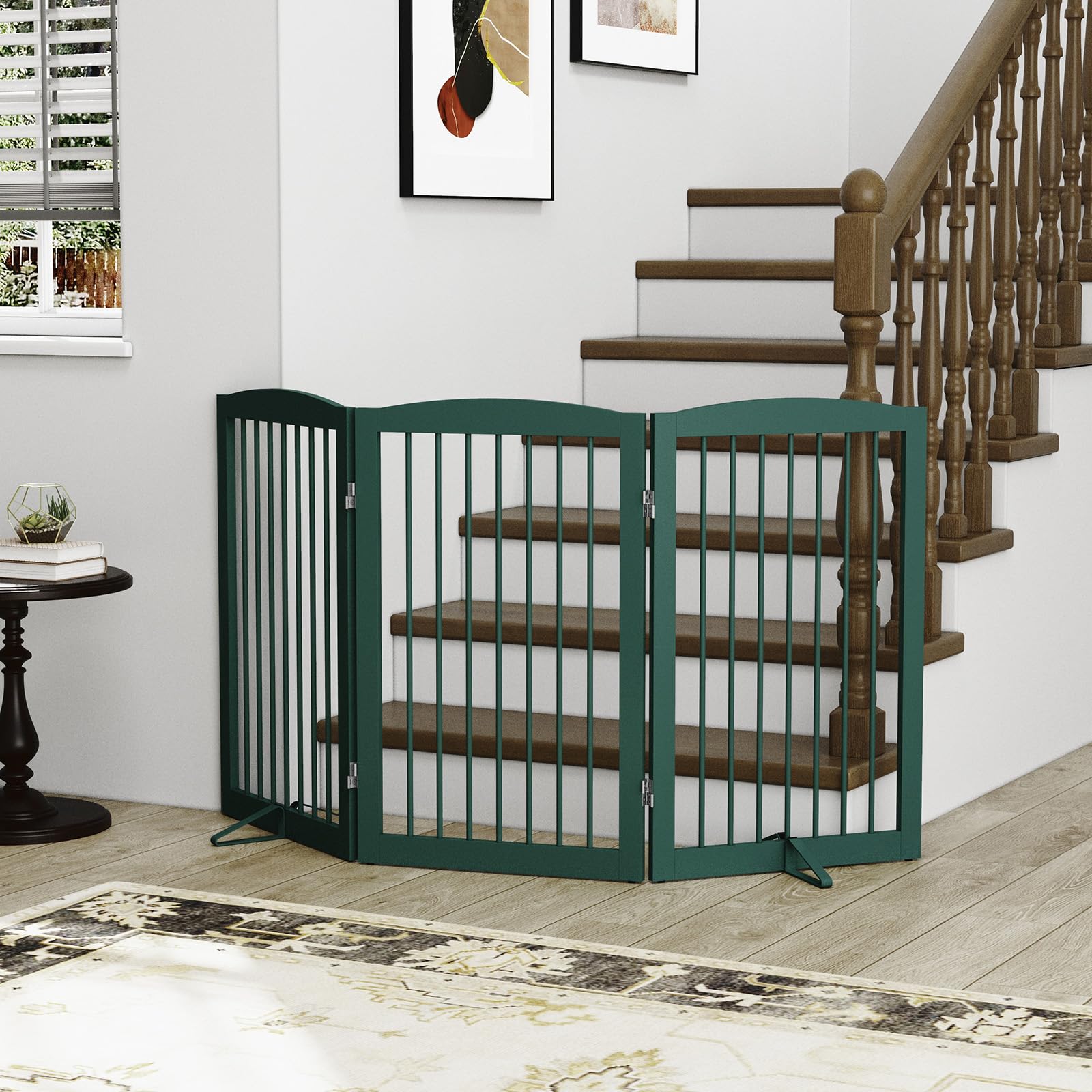 PUPETPO Freestanding Pet Gate for Dogs, Foldable Wooden Dog Gate for House Indoor, Step Over Pet Puppy Safety Fence for Stair, D