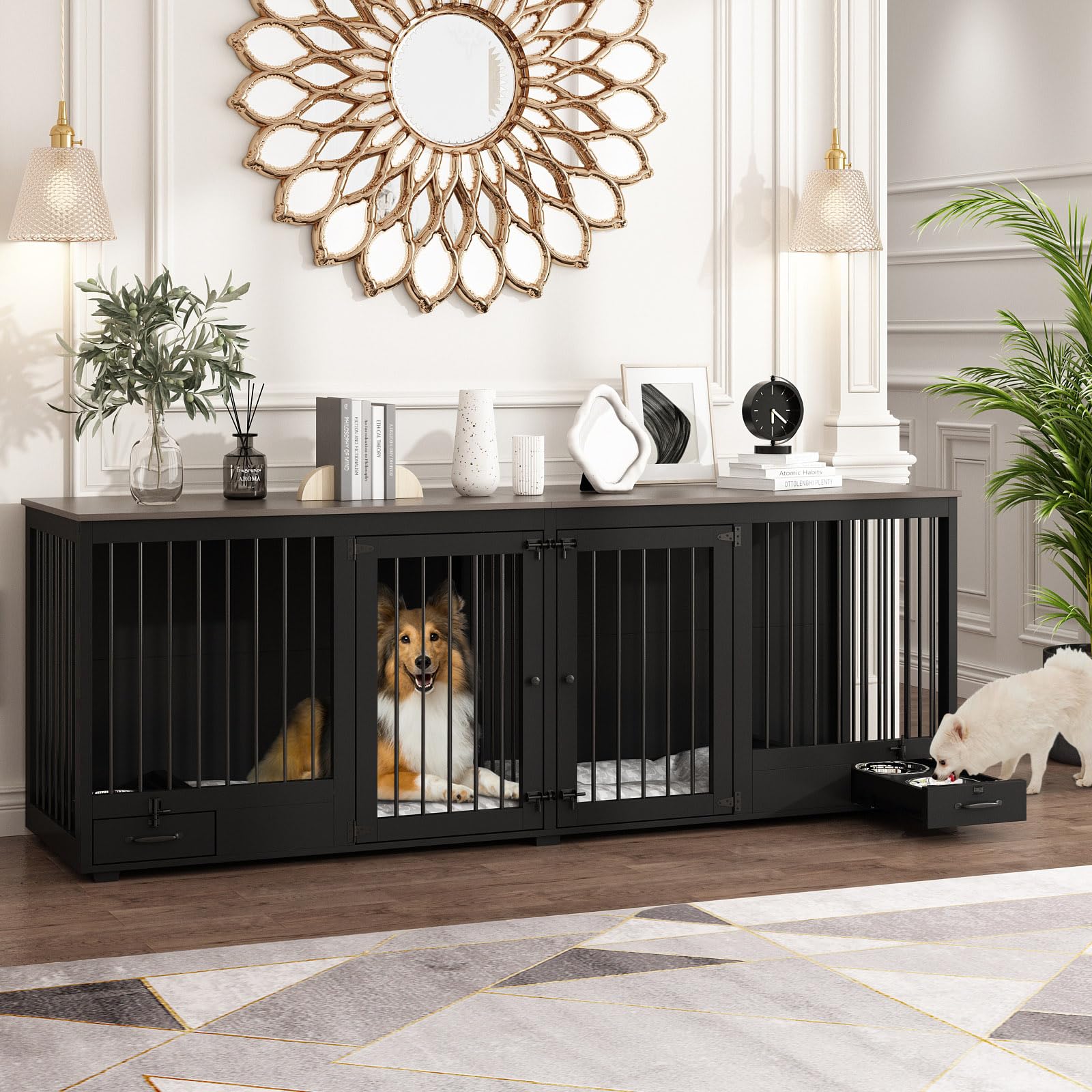 DAWNSPACES Furniture Style Large Dog Crate for 2 Dogs, 86.6  Heavy Duty Wooden Dog Kennel with Dog Bowl Drawers & Divider, Indoo