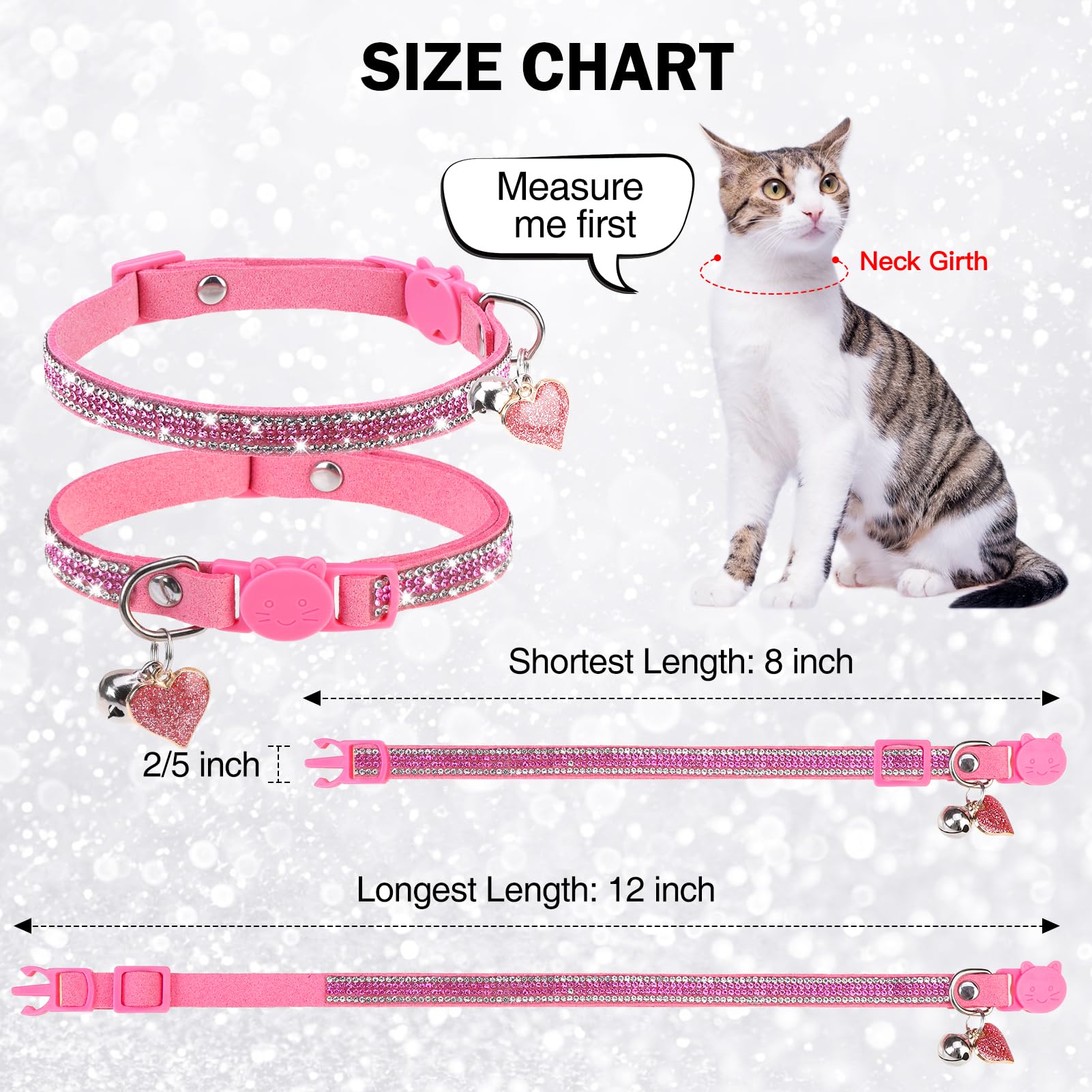Dillybud Rhinestone Cat Collar Breakaway With Bell Safety Buckle, 2 Pack Bling Diamond Kitten Collar For Gril Cats, Soft Velvet