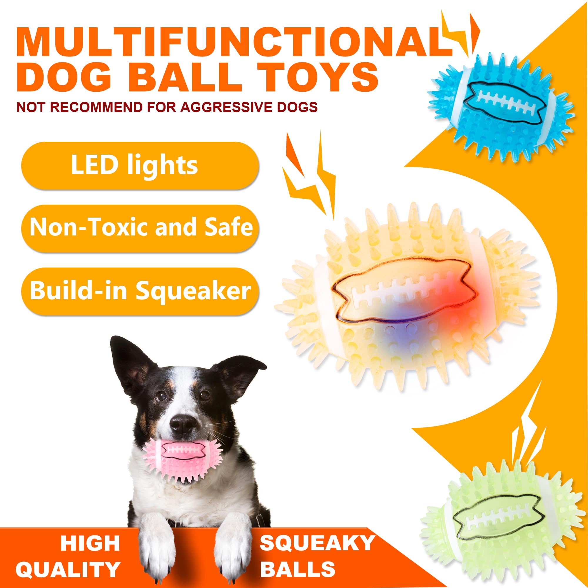 Ghobrofy 4.3    Dog Squeaky Football Toys 4 Pack, Light Up And Durable Spiky Dog Balls For Medium Large Dogs With Rugby Shape, B