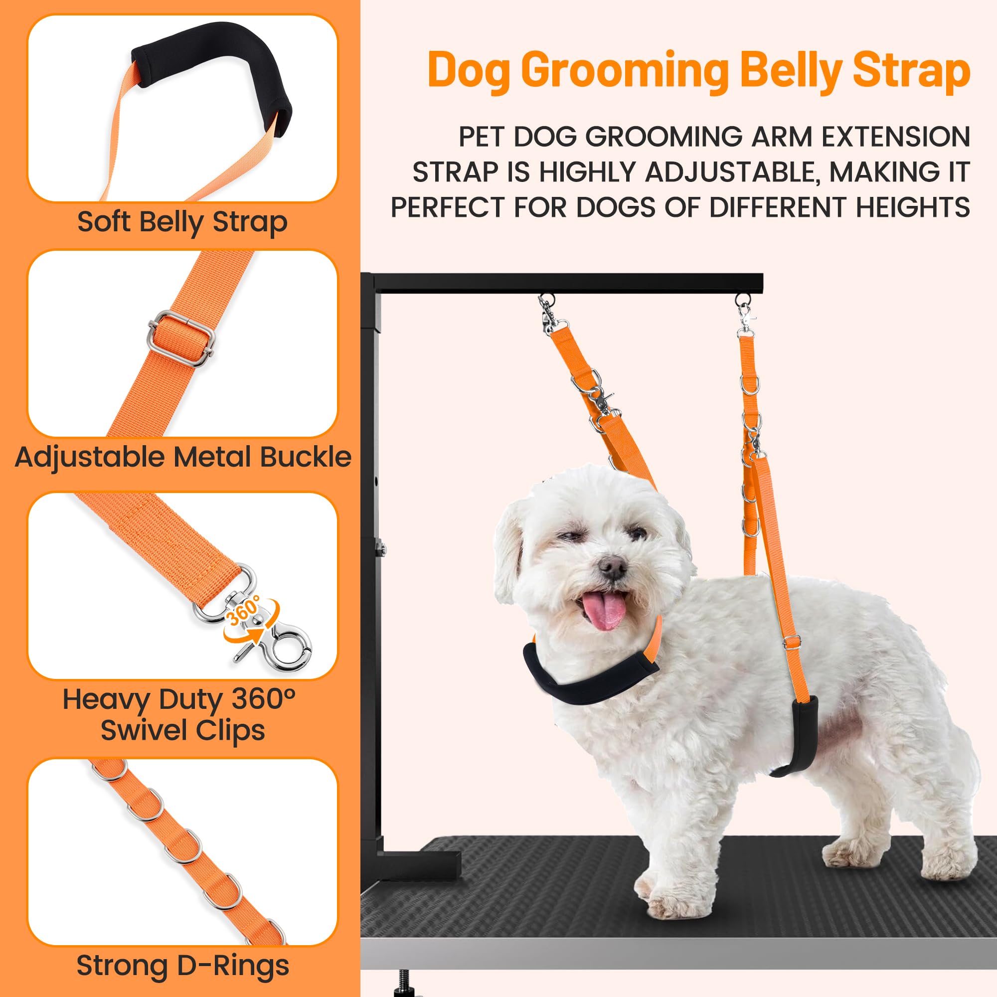 Uni PNR Dog Grooming Belly Strap - No Sit Haunch Holder for Small & Medium Dogs, Orange, Table Arm Extender with Clamp, Bathing Restraint Leash