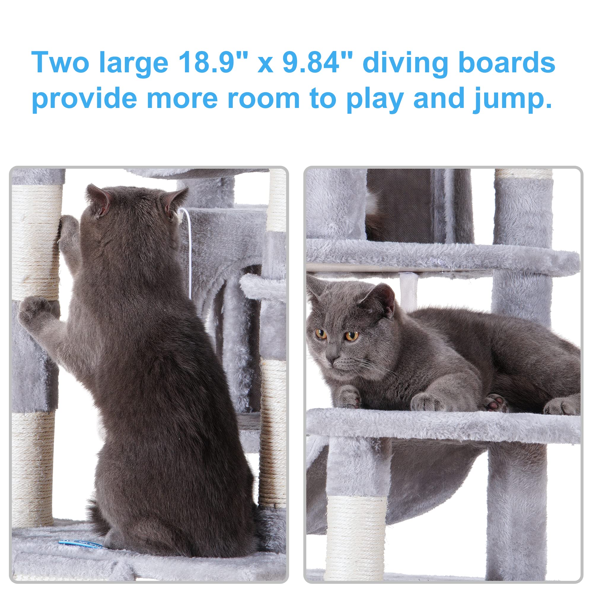 Hey-Brother Cat Tree, 71 Inches Xl Large Cat Tower For Indoor Cats, Multi-Level Cat House With 3 Padded Perches, Big Scratcher, Cozy Basket, 2 Cat Condos And Scratching Posts, Light Gray Mpj034W