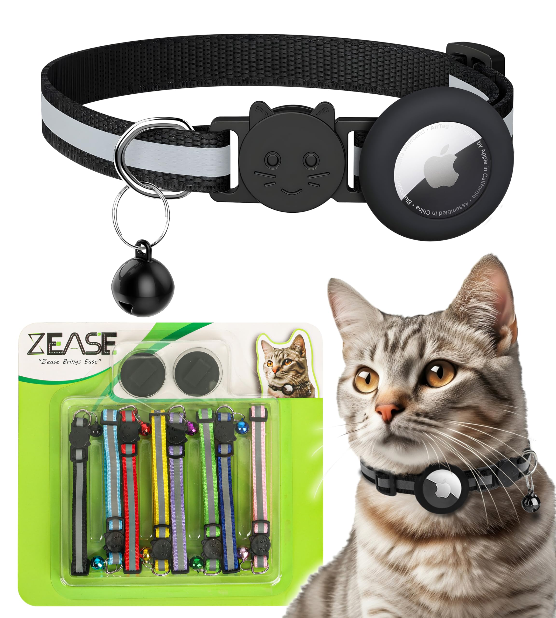 Zease 8 Breakaway Cat Collars With Bells And 2 Waterproof Airtag Holders, Reflective Cat Collar Airtag Holder, Safety Buckle, Ad
