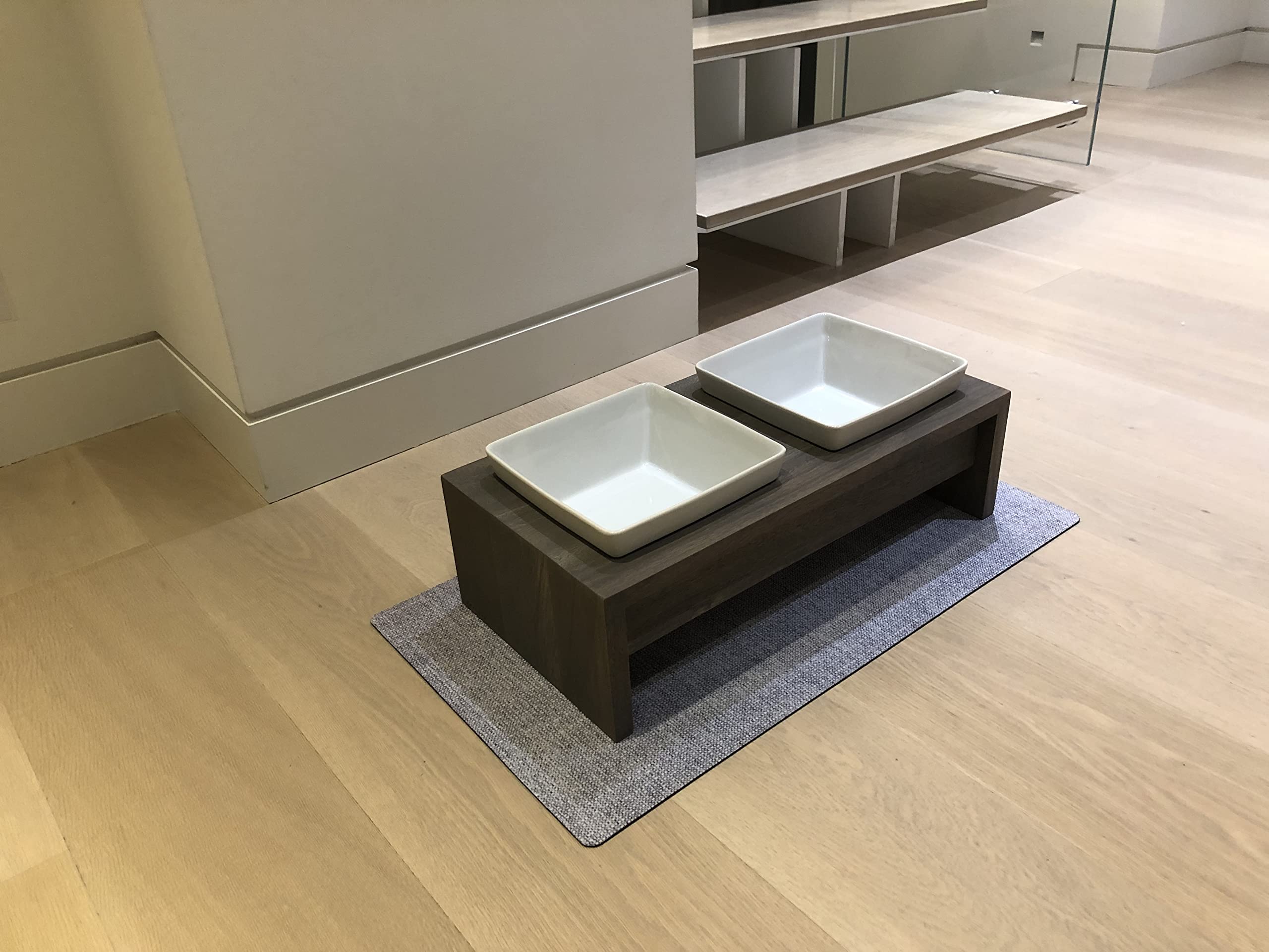 Bowsers Artisan Diner Double Dog Feeder - Handcrafted Rubberwood Frame With Square Ceramic Bowls Feeder For Dogs - Fossil, Extra Small, 12' X 6' X 2'