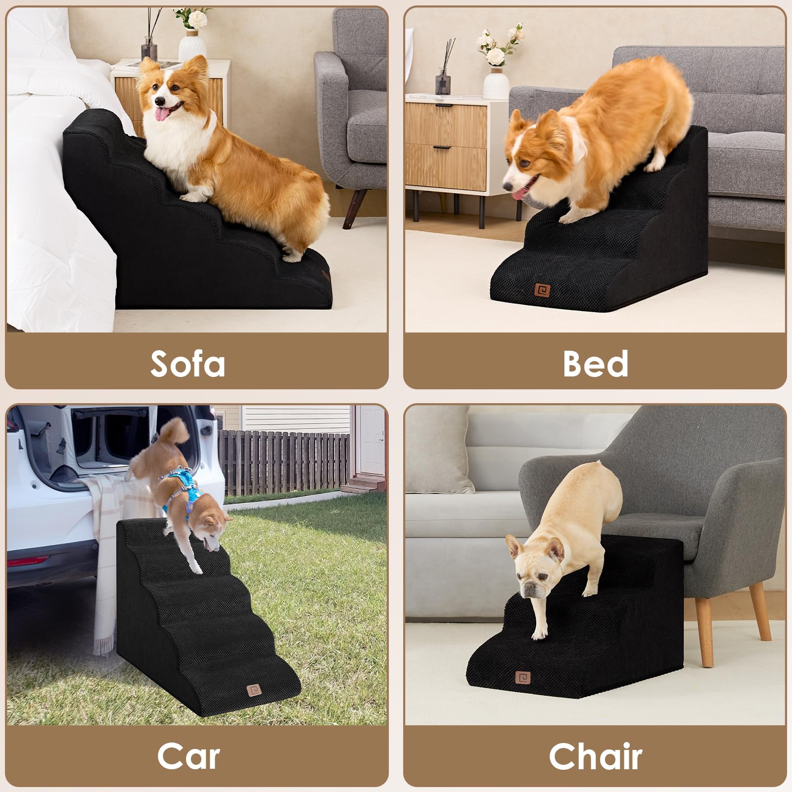 Eheyciga Curved Dog Stairs Ramp For High Beds 22.6' H, 5-Step Dog Steps For Small Dogs And Cats, Pet Stairs For High Bed Climbing, Non-Slip Balanced Pet Step Indoor, Black