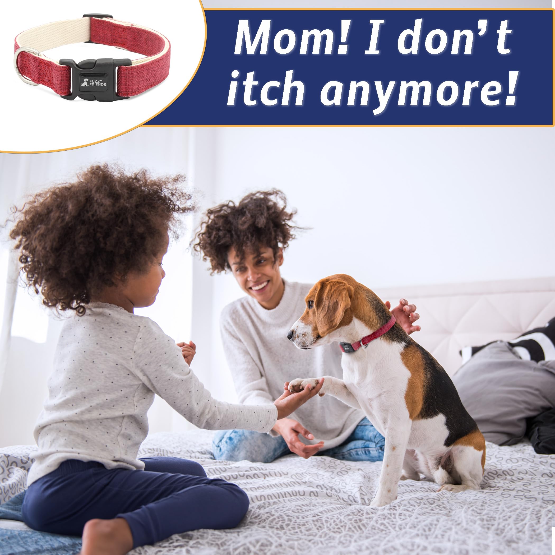 Fuzzy Friends Red Hemp Collar. Hypoallergenic Collar Great For Sensitive Skin Or Allergies. 5 Sizes: X-Small, Small, Medium, Lar