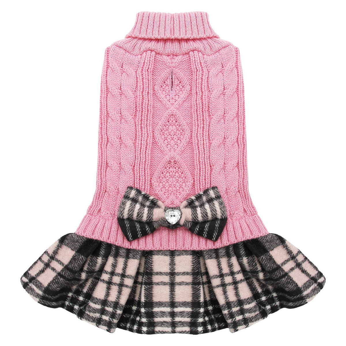 Kyeese Dog Sweater Dress With Leash Hole For Small Medium Dogs With Bowtie Checkered Turtleneck Dog Sweaters Warm Pet Sweater Pink