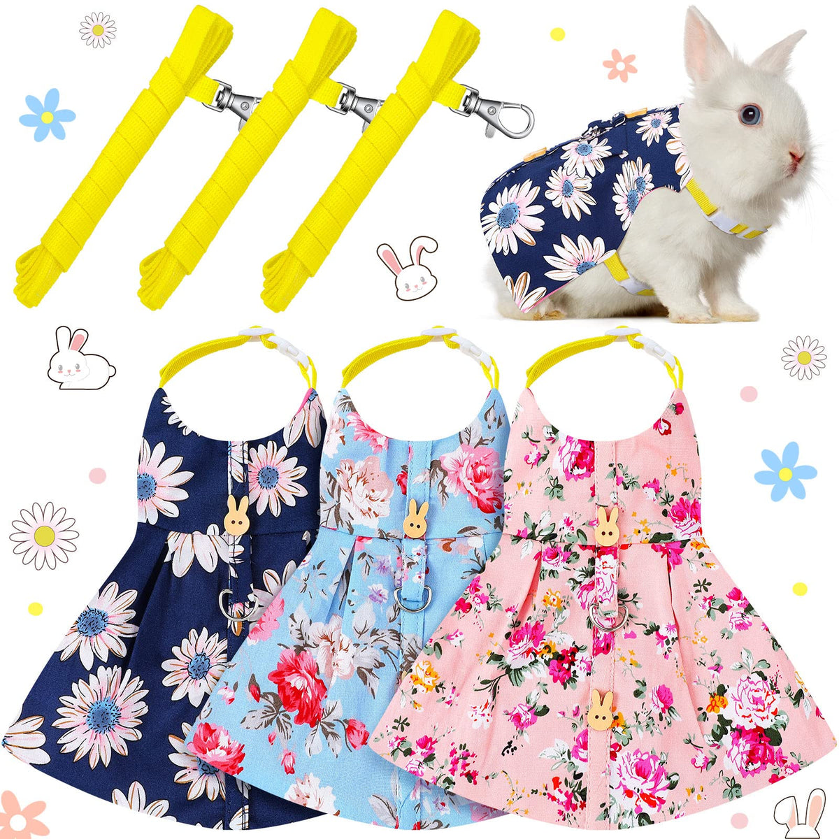 3 Piece Cute Rabbit Leash And Harness Set, Bunny Rabbit Dress Clothes Walking Harness Vest Escape Proof Pet Supply For Rabbit Hedgehog Ferret Guinea Pig (Pink Flower, Blue Flower, Daisy)