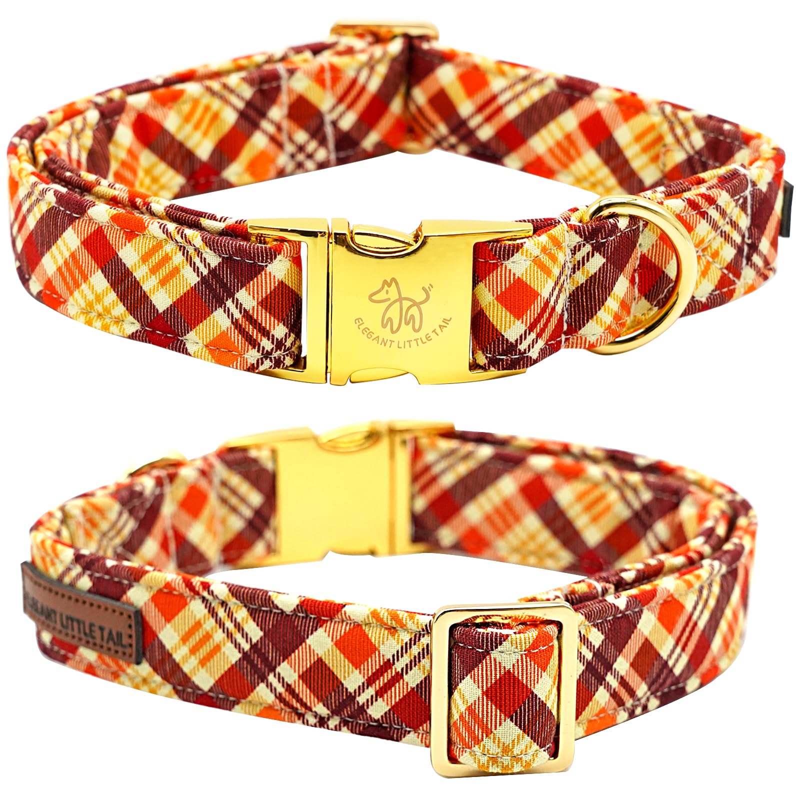 Elegant Little Tail Dog Collar - Orange Plaid Fall Pet Collar With Metal Buckle For Small Dogs, Puppies - Adjustable Cotton Coll