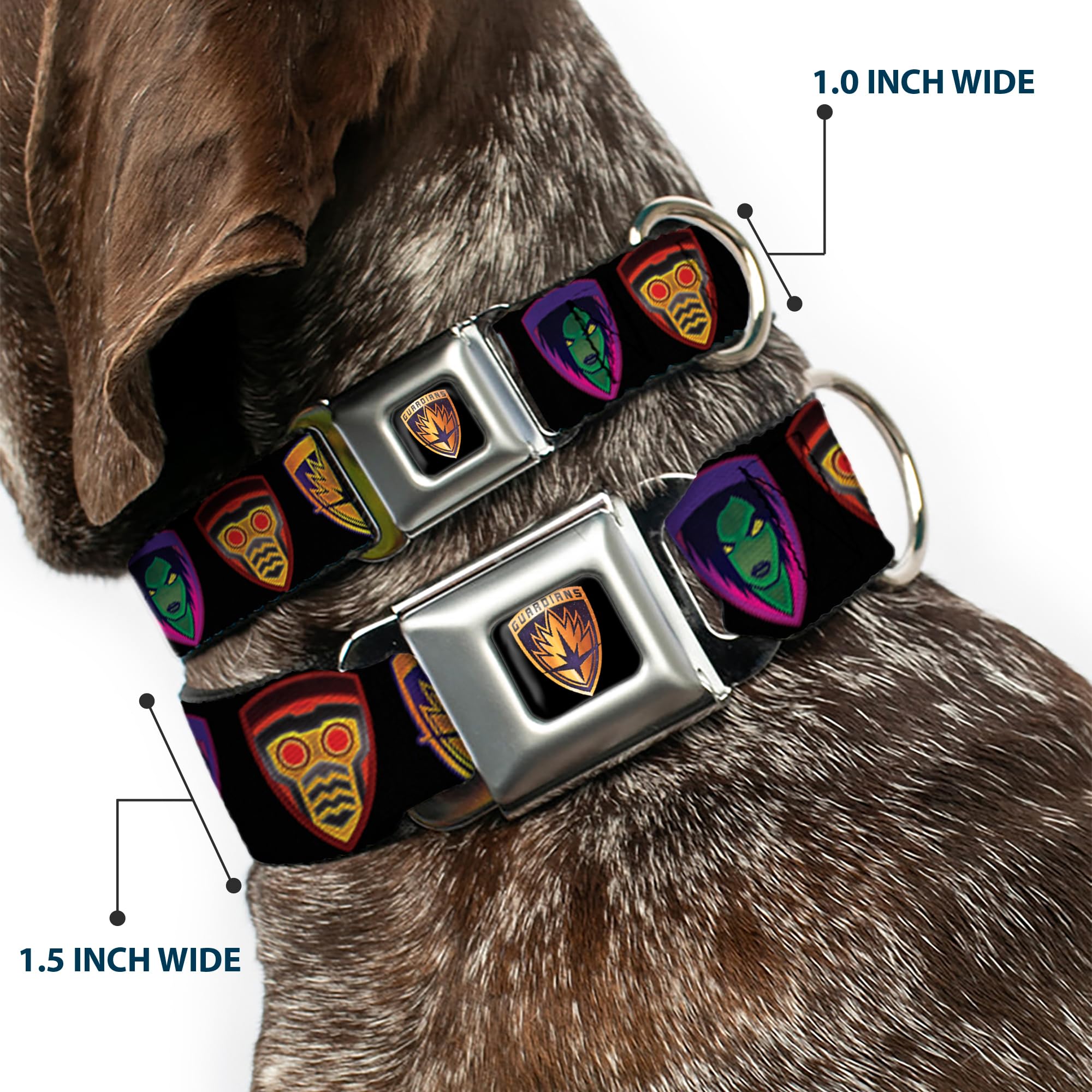 Buckle-Down Dc-Wmc111-Ws Seatbelt Dog Collar, Wide Small, Guardians Of The Galaxy Badge/5-Character Icons Black/Multi Color, 1.5