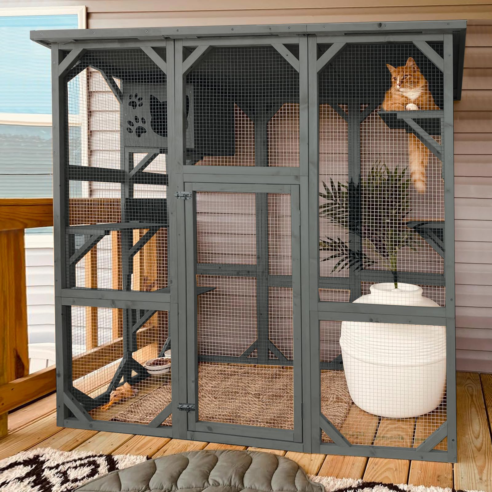 Grepatio Cat Enclosure Large Outdoor Catio Wooden Cat House With Weatherproof, Cat Cage Condo Indoor Playpen With Platform And S