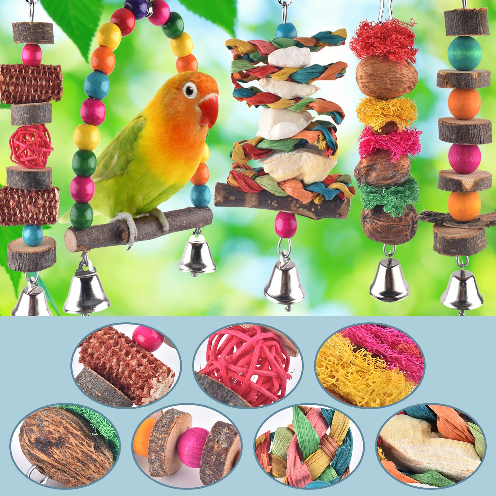 Bissap Bird Chew Toys, 7 Packs Parakeet Natural Wood Toys Parrot Hanging Cage Toy Bird Perch Stand For Small Bird Conure Cockati