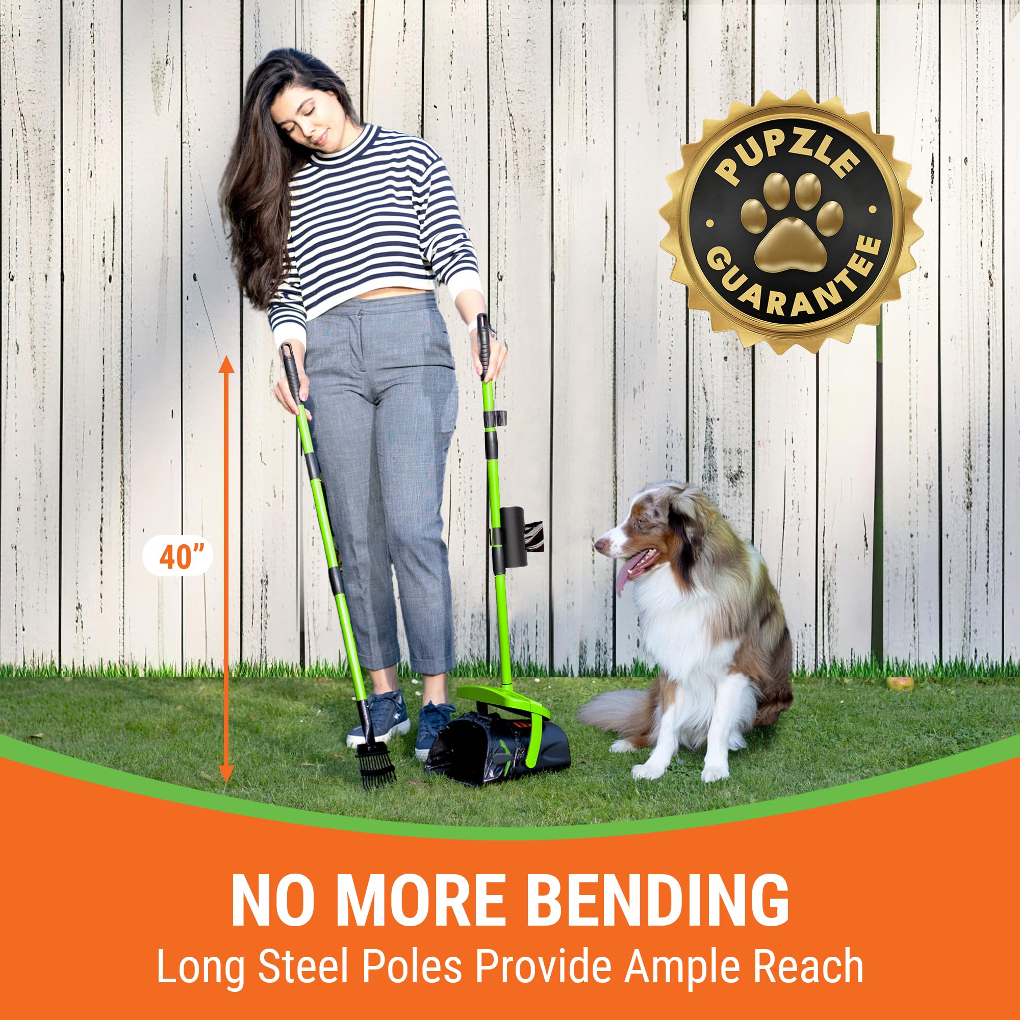 Pupzle Dog Pooper Scooper With Bag Attachment, 40' Long Handle Pooper Scooper For Large Dogs, Dog Poop Scoop For Yard, Large Ca