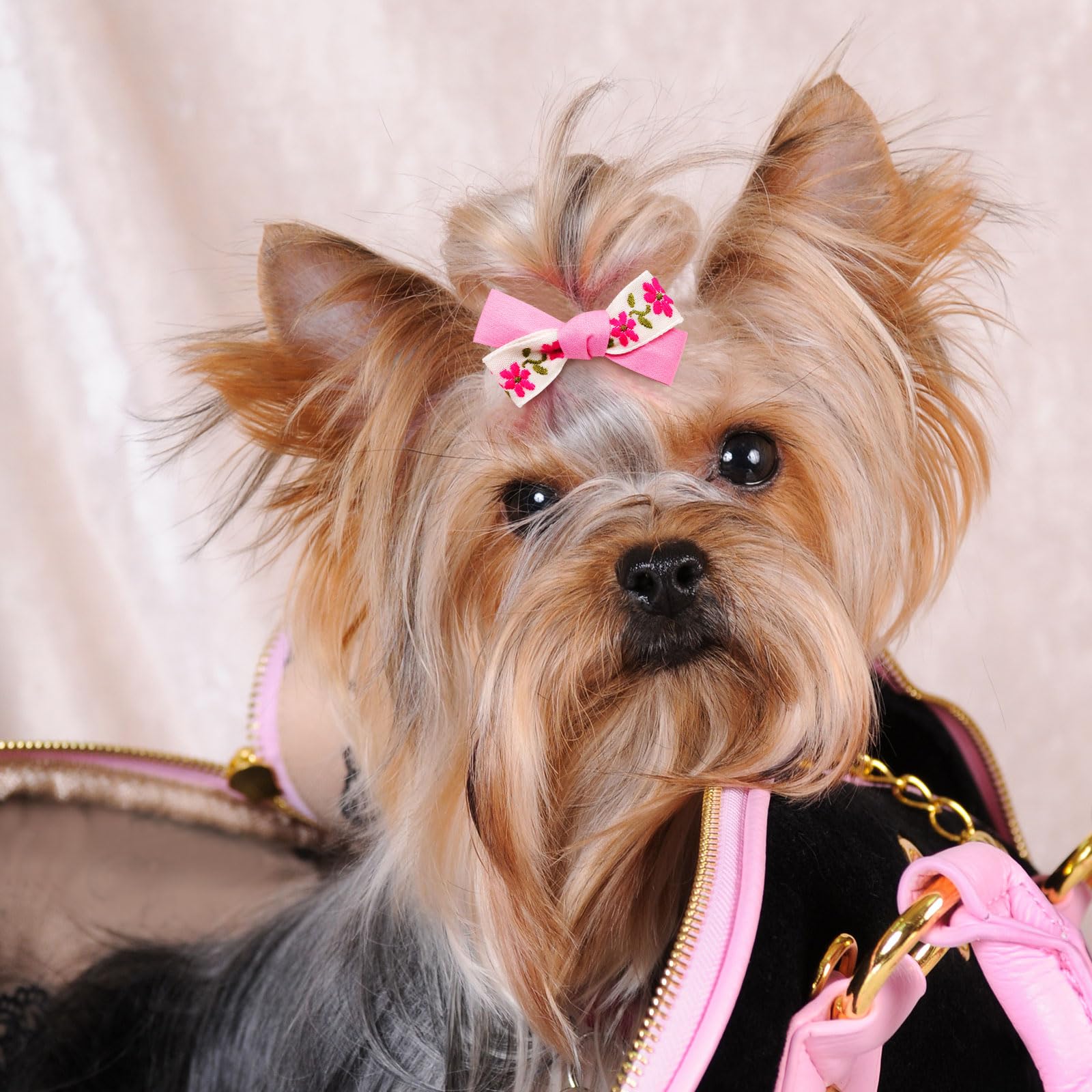 Mruq pet 20pc Light Pink Small Dog Hair Bows with Rubber Bands, Bulk Puppy Dog Hair Bows, Mix Handmade Cute Dog Gooming Flower B