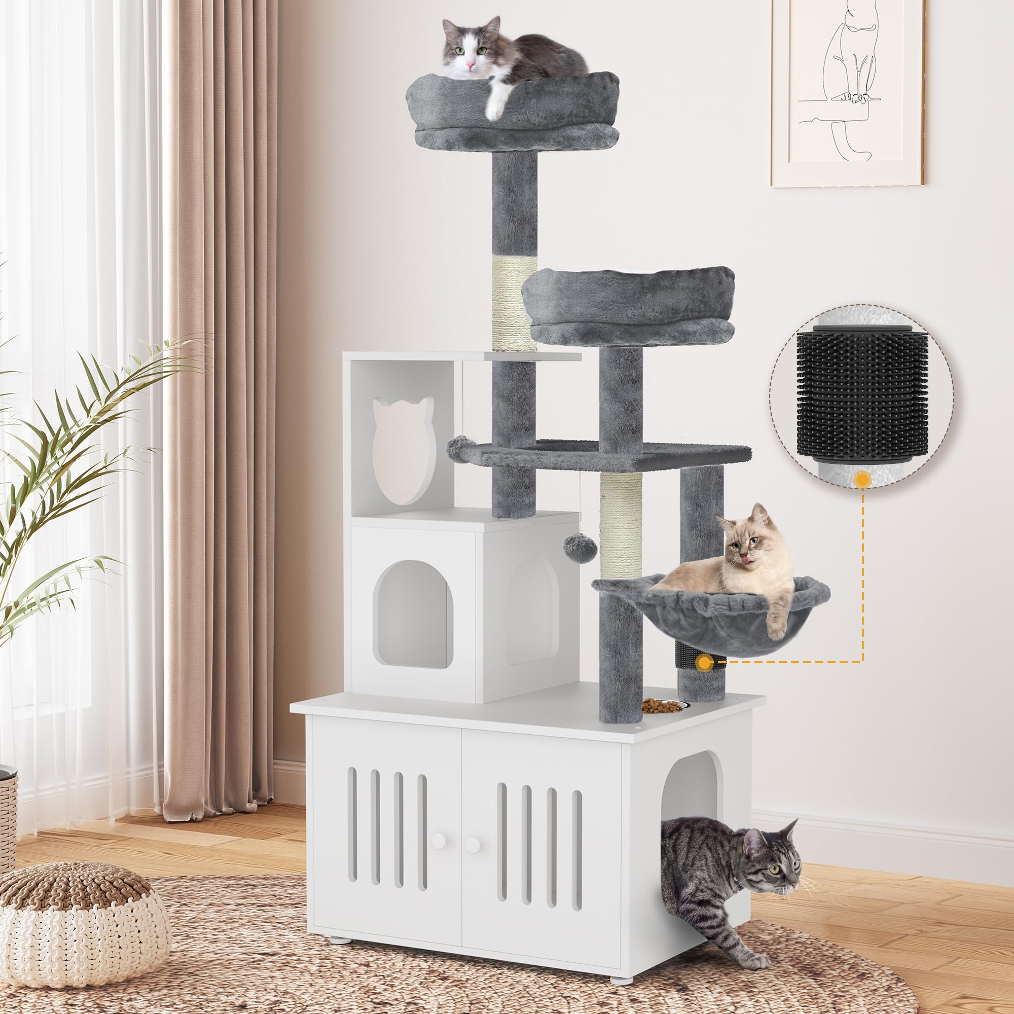 Yitahome Cat Tree With Litter Box Enclosure, 2-In-1 Cat Furniture, Modern Cat Condo, Indoor Cat Tower With Wood House, Perch, Fo