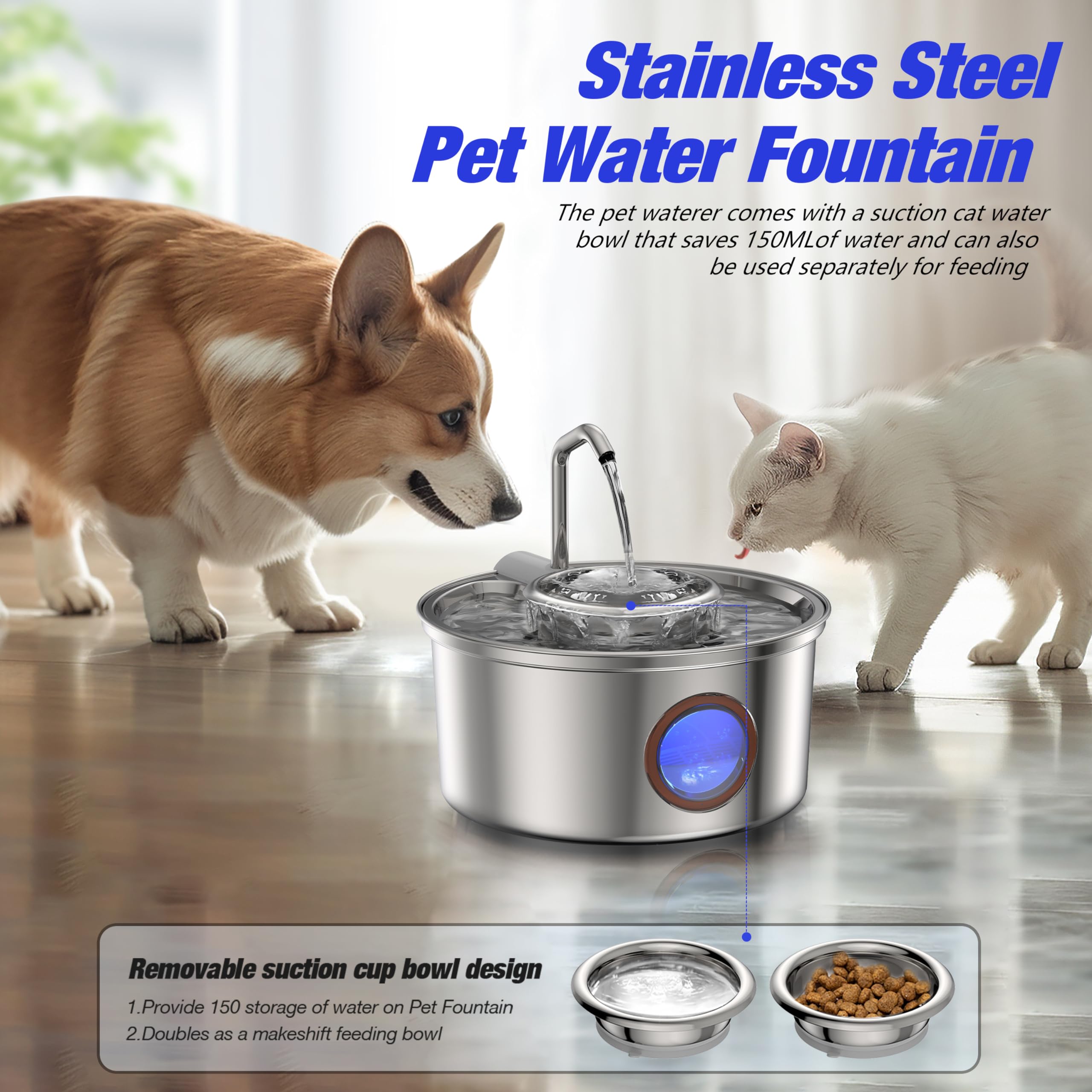 Hicuper Cat Water Fountain,108Oz/3.2L Stainless Steel Cat Fountain And Removable Water Bowl,Pet Fountain With Water Level Window